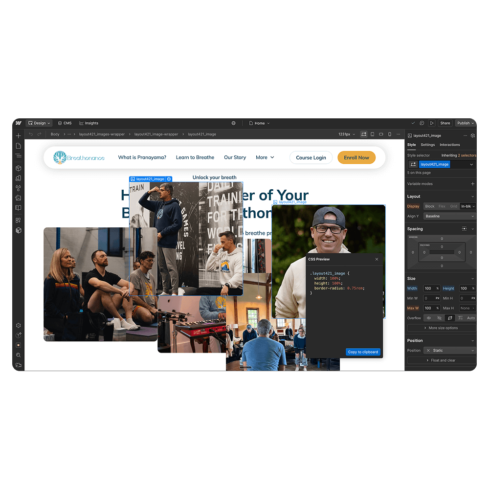 Website design interface showing a breathing practice page with multiple photos of people exercising and a CSS style box.