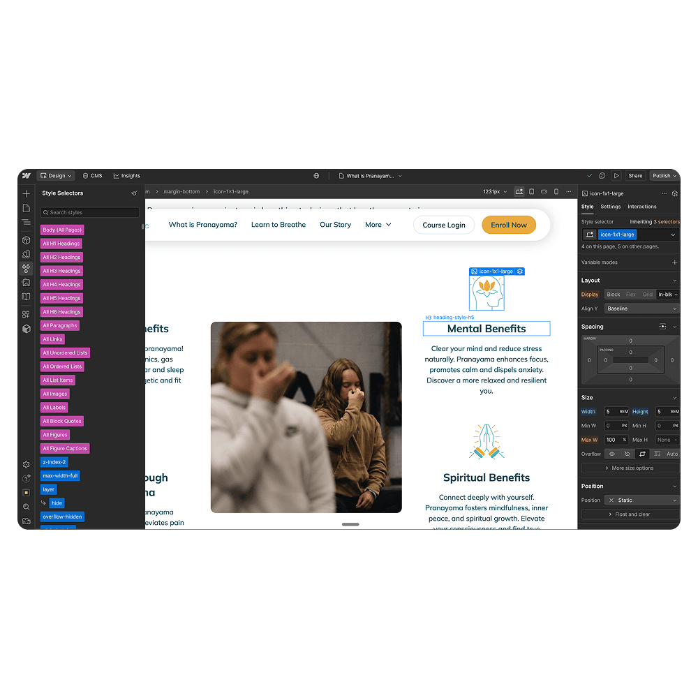 Web design interface showing a page about Pranayama with style selectors on the left and layout settings on the right.