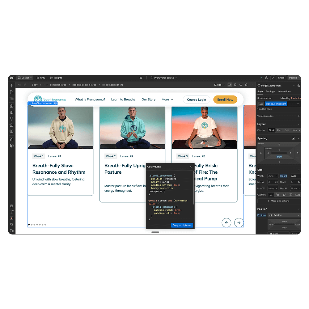 Webpage editing interface showing a breathwork course with three lessons featuring a man demonstrating different seated breathing postures.