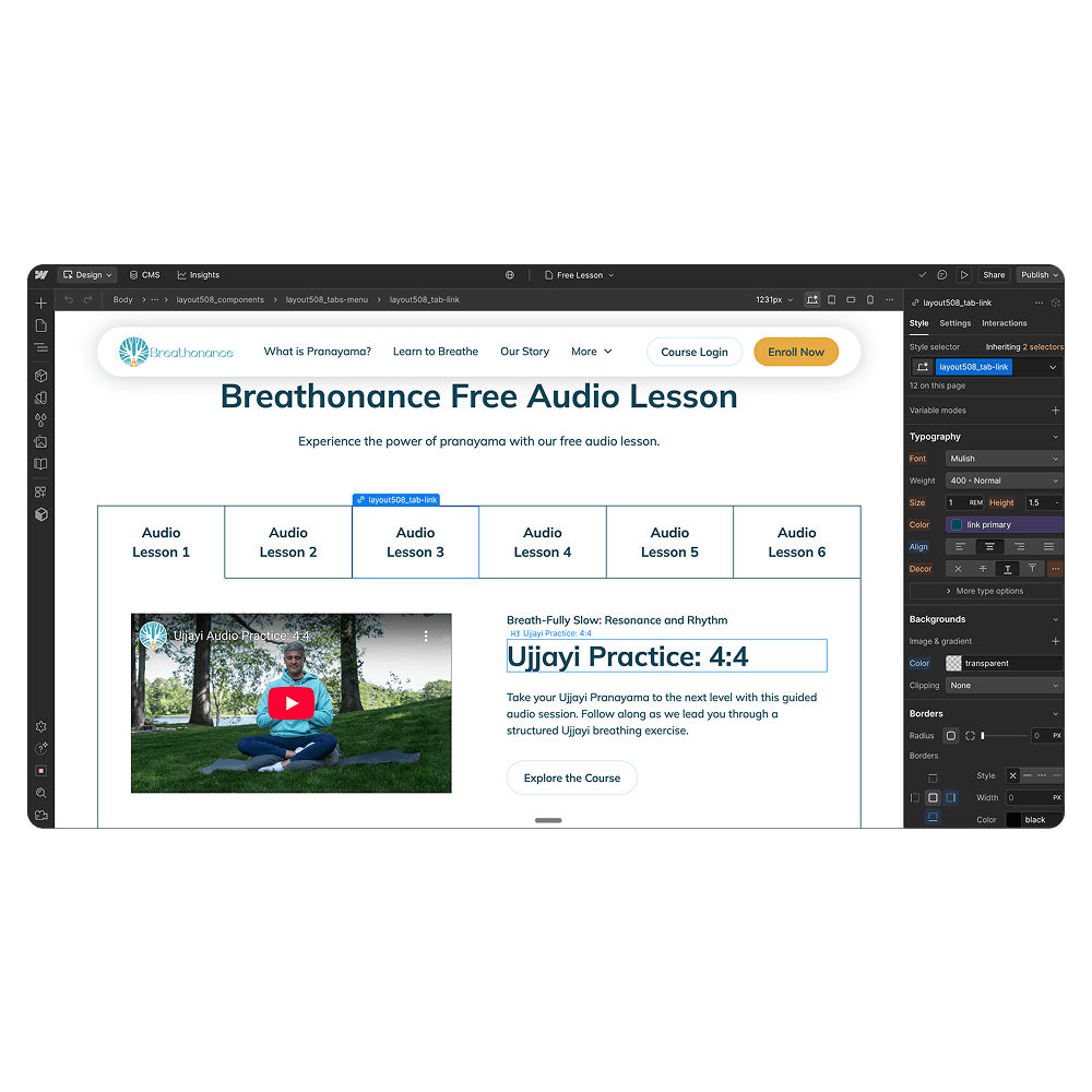 Webpage screenshot showing Breathornance free audio lesson with navigation tabs for six audio lessons and an embedded video for Ujjayi Practice 4:4 with description and Explore the Course button.