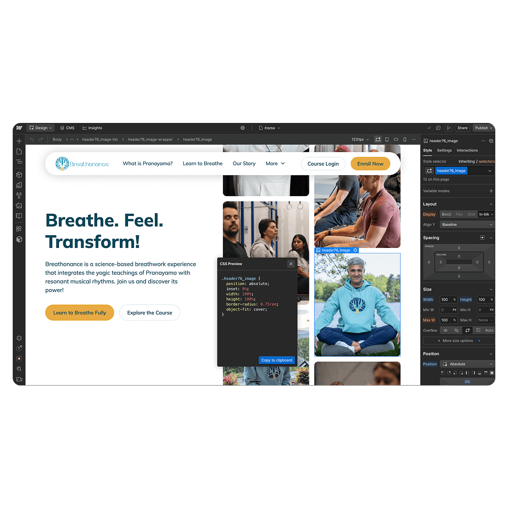 Website design editor showing a breathwork course landing page with a banner reading 'Breathe. Feel. Transform!' and images of people meditating.