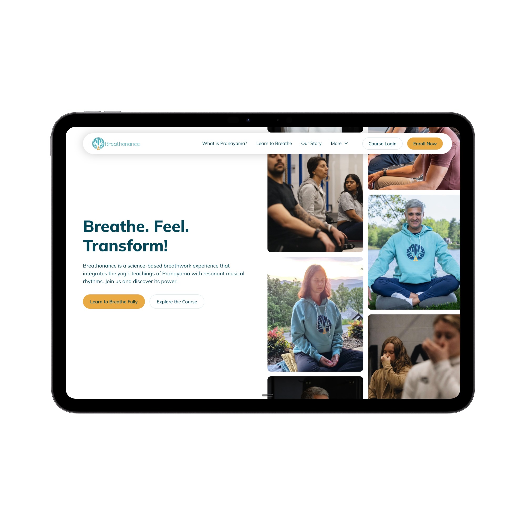 Tablet screen showing Breathonance homepage with text 'Breathe. Feel. Transform!' and images of people meditating and practicing breathwork.