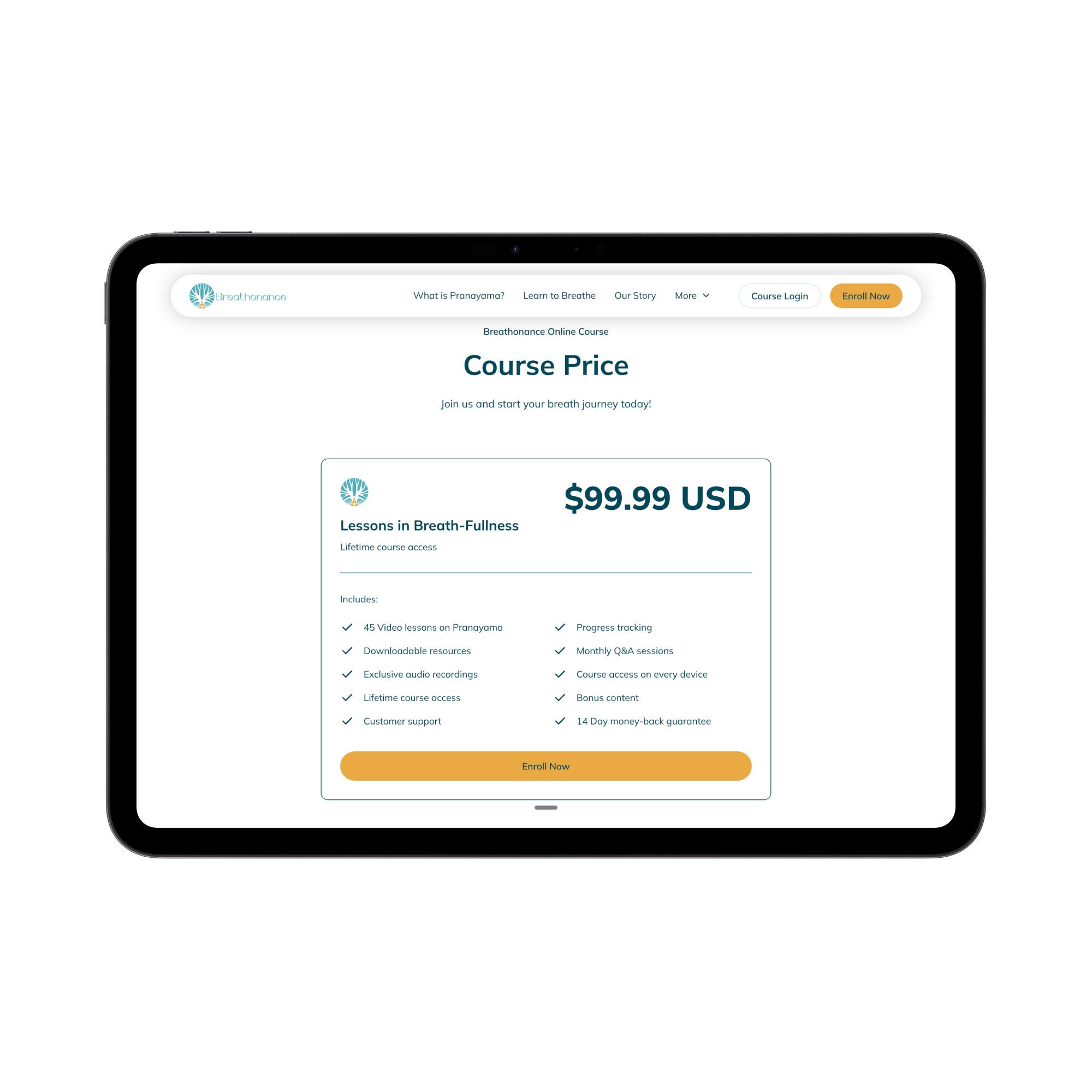 Tablet screen showing Breathonance online course pricing for Lessons in Breath-Fullness at $99.99 USD with course features and an Enroll Now button.