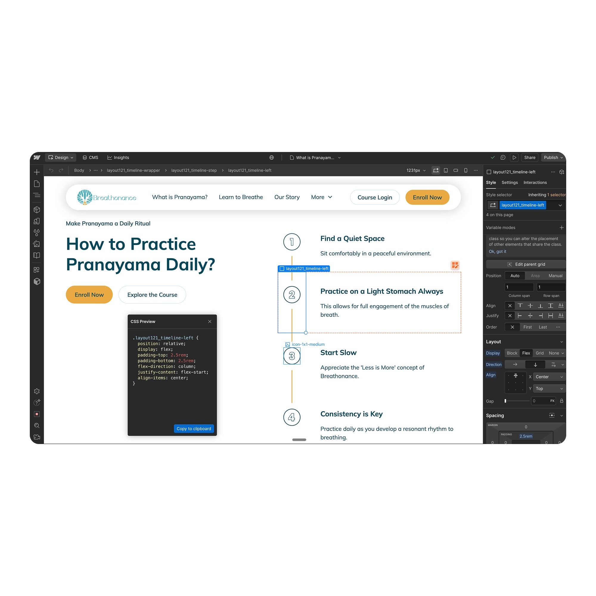 Web design interface showing a Pranayama practice page with steps: Find a Quiet Space, Practice on a Light Stomach Always, Start Slow, Consistency is Key.