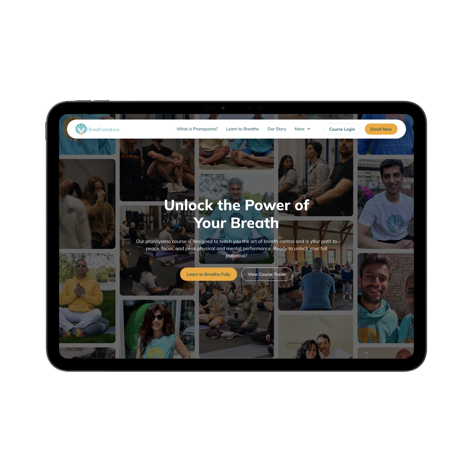 Tablet screen showing Breathonance website with header, slogan 'Unlock the Power of Your Breath,' course description, and buttons to learn or view trailer.