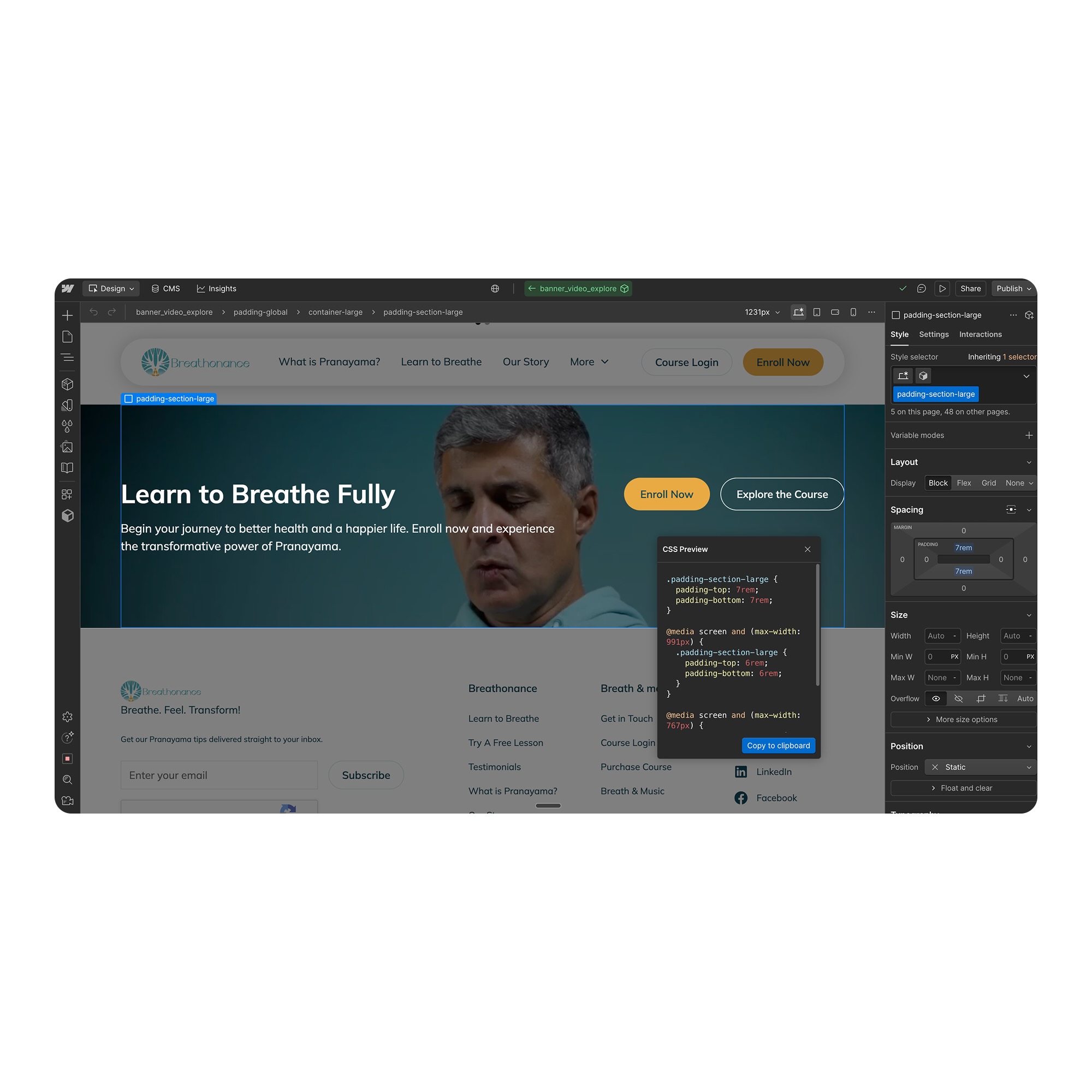 Website design interface showing a breathing course page with a man meditating, buttons for 'Enroll Now' and 'Explore the Course', and CSS styling panel.