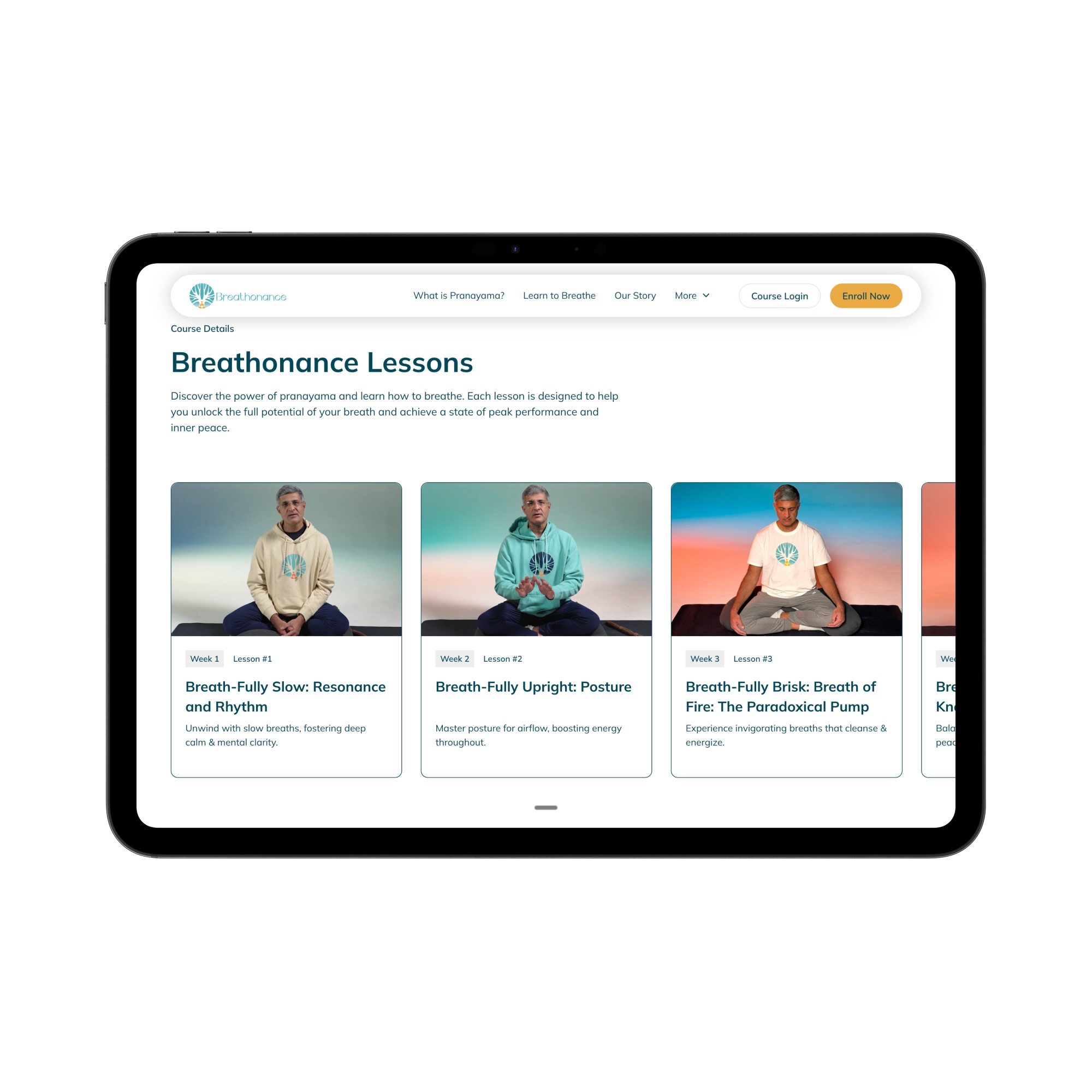 Tablet screen displaying Breathonance Lessons webpage with three lessons featuring a man demonstrating breathing exercises.