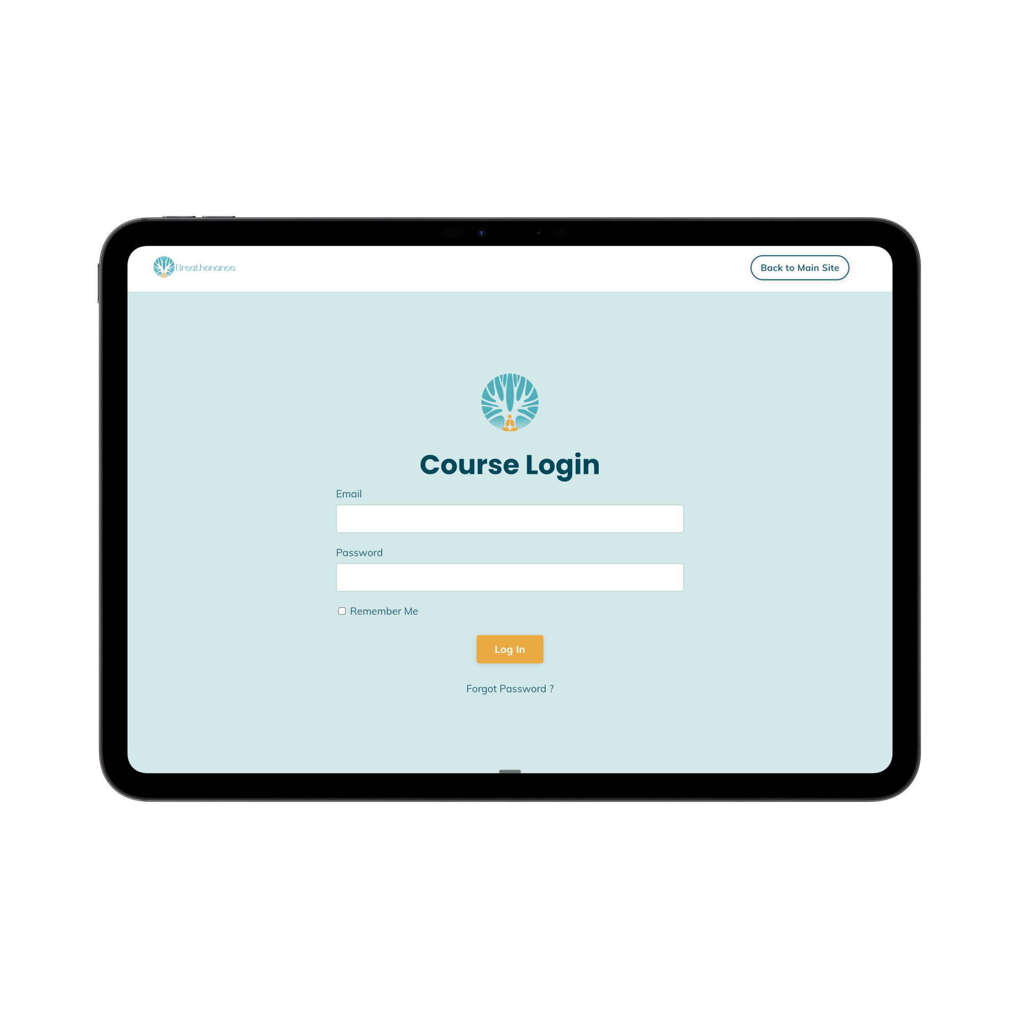 Tablet displaying a Course Login page with fields for email and password, a remember me checkbox, and buttons for Log In and Forgot Password.