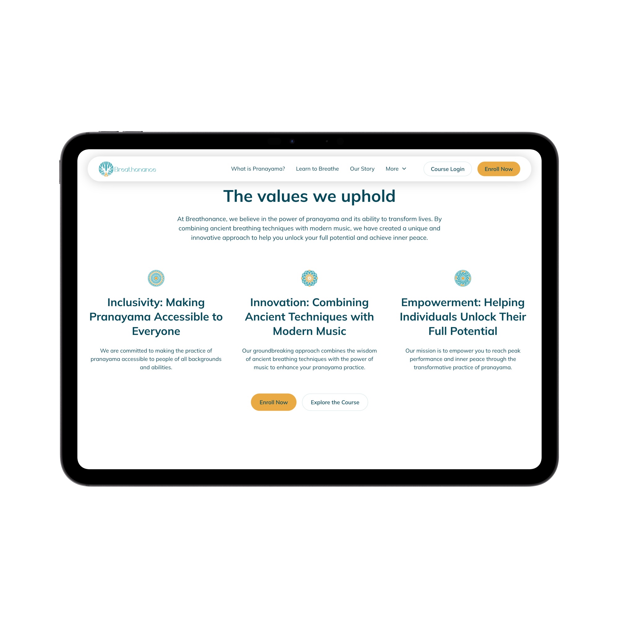 Tablet screen showing Breathonance website page titled 'The values we uphold' outlining inclusivity, innovation, and empowerment in pranayama practice with call-to-action buttons.