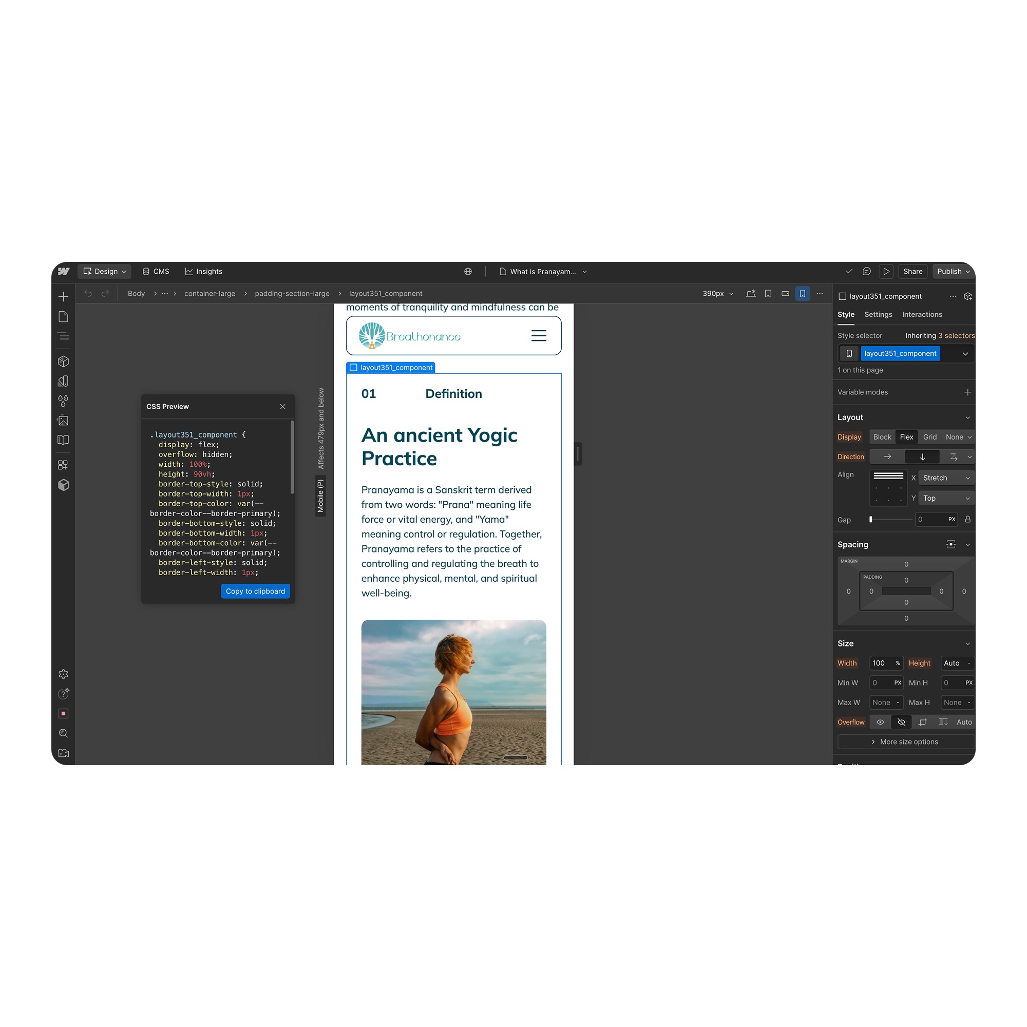 Web design editor showing a mobile layout preview of a webpage about Pranayama, featuring a definition and image of a woman practicing yoga on a beach.