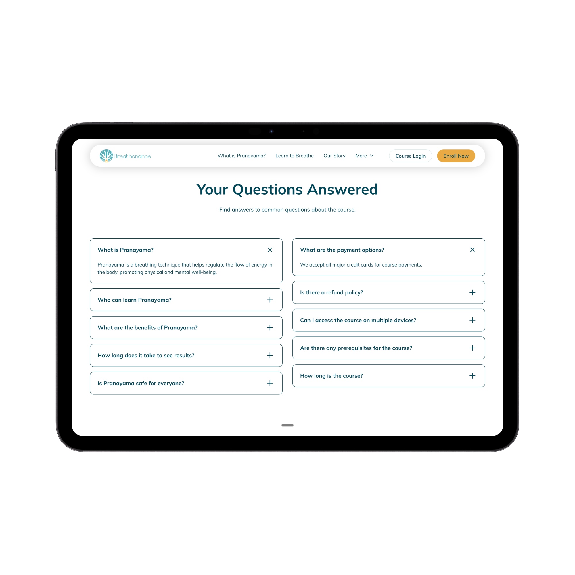 Tablet screen showing a FAQ section titled 'Your Questions Answered' about a Pranayama course, with questions and answers about the technique, payment options, access, and course details.
