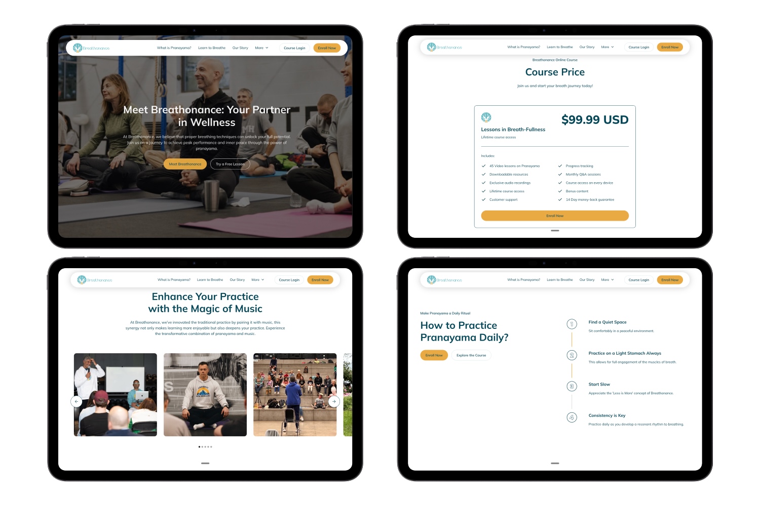 Four tablet screens showing Breathonance website pages: homepage with group meditation, course price of $99.99 USD, music-enhanced practice section, and daily pranayama practice steps.