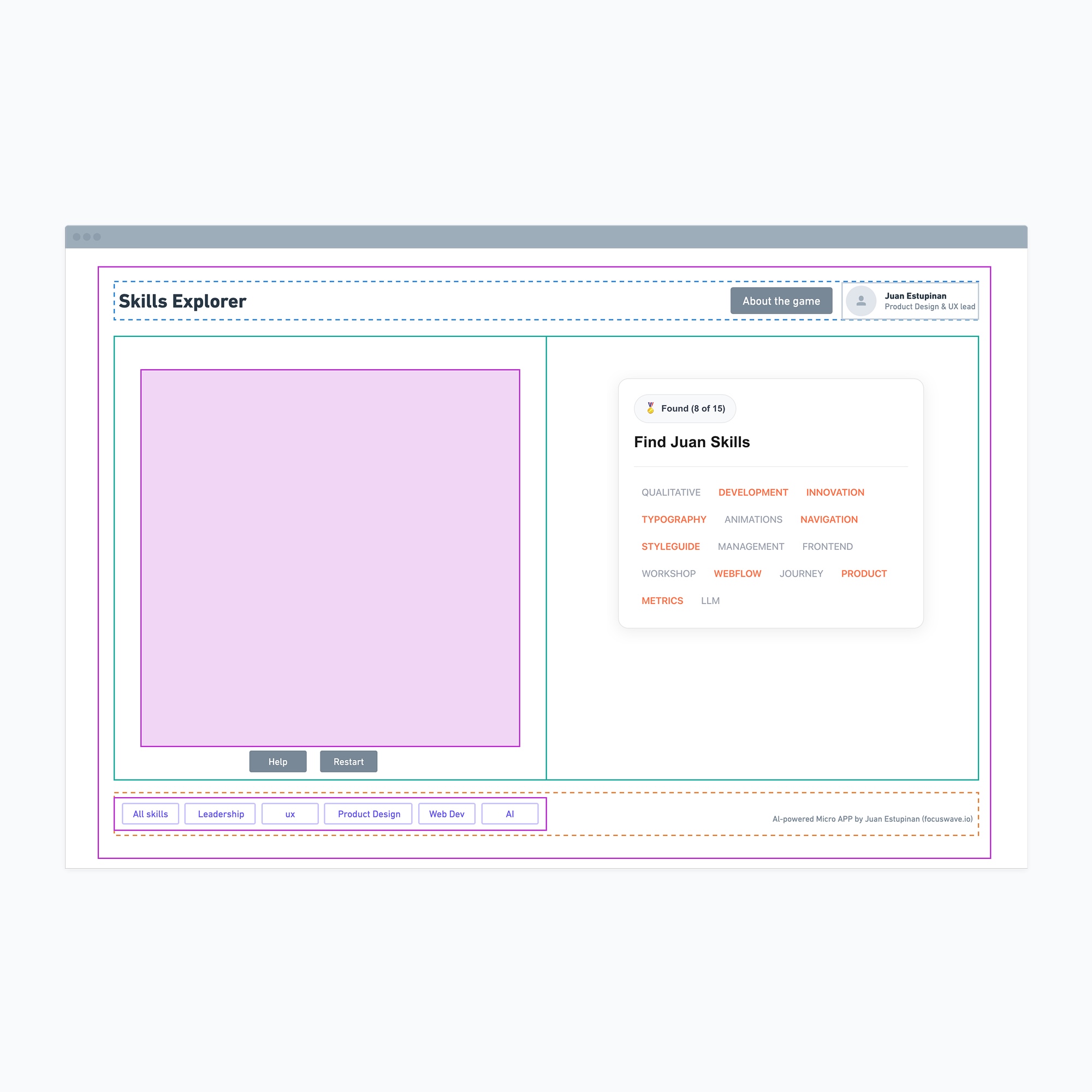 Skills Explorer web interface showing a skill-finding game with categories and a score of 8 out of 15 skills found.