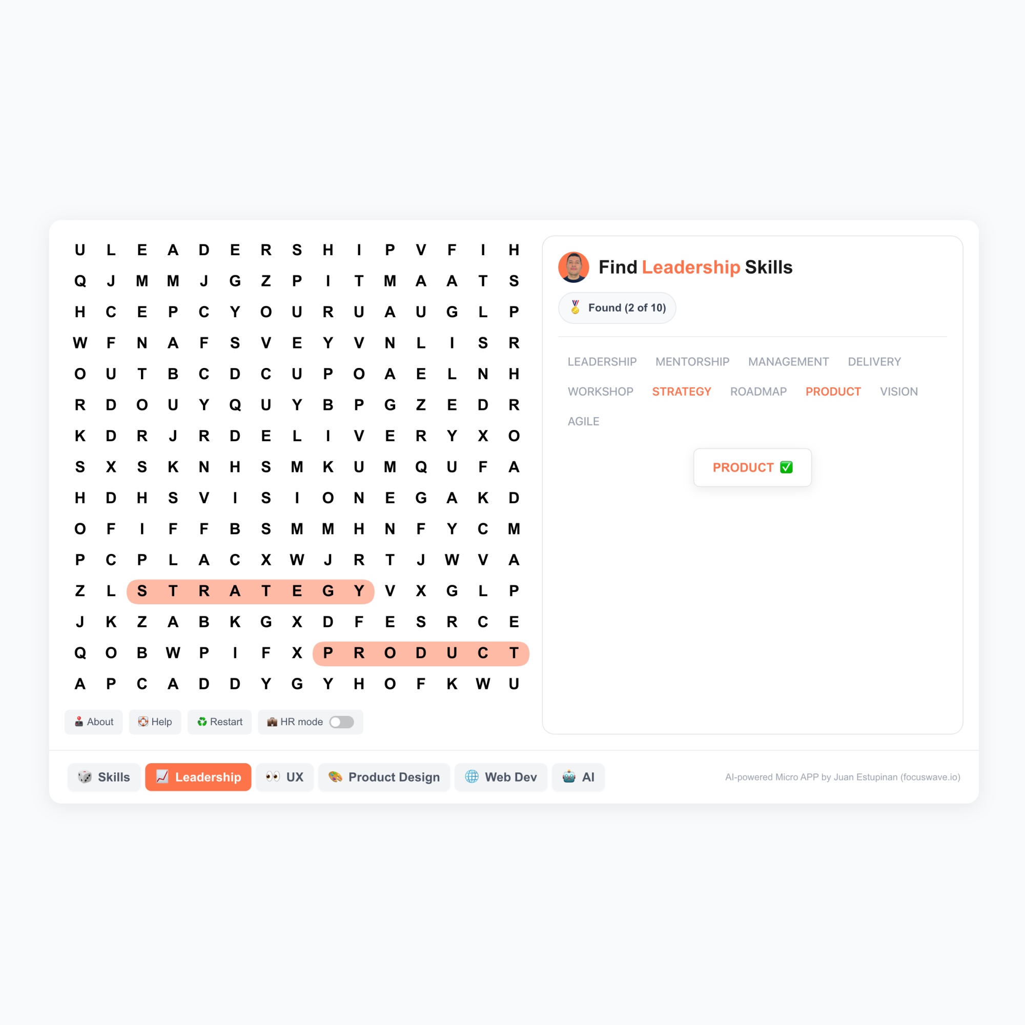 A word search puzzle with the words STRATEGY and PRODUCT highlighted; a sidebar shows 'Find Leadership Skills' with 2 of 10 found and skill tags including strategy and product.