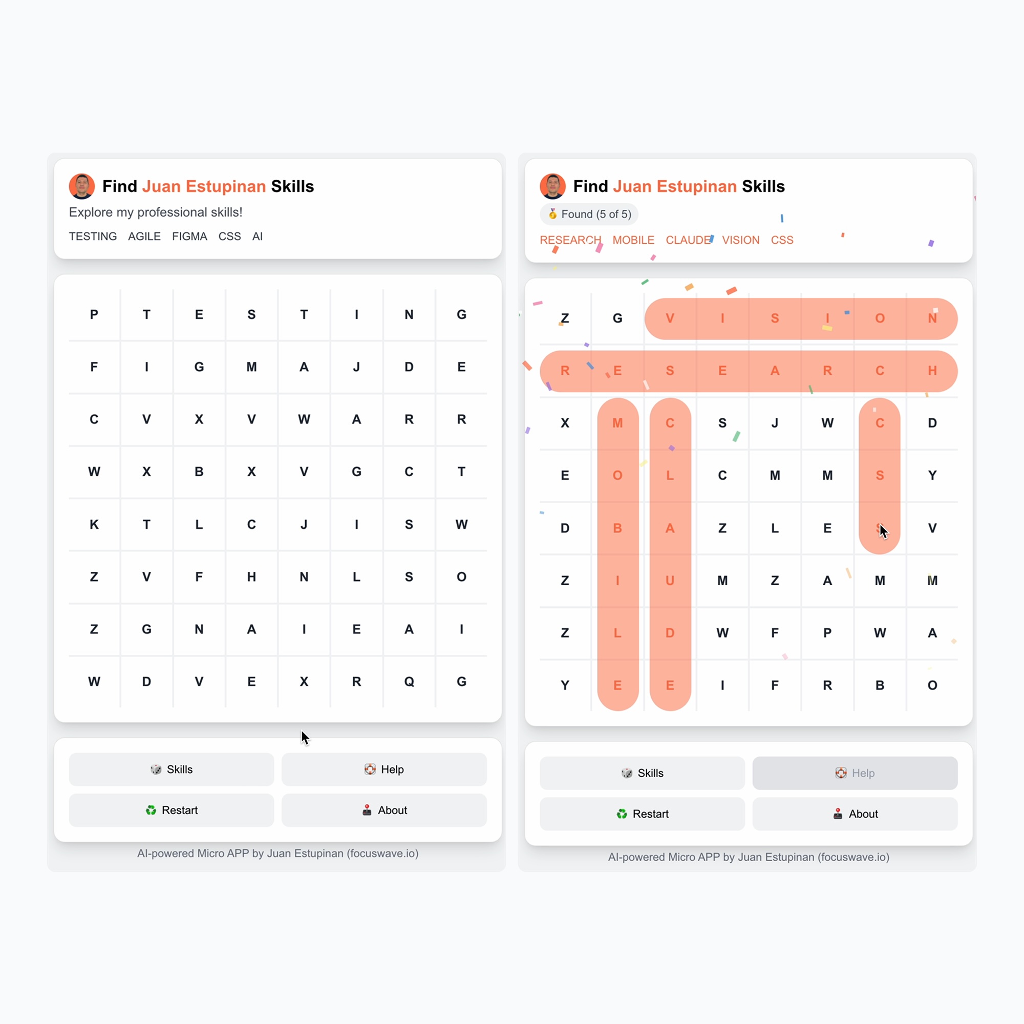 Side-by-side word search games showing professional skills; left grid with skills to find, right grid with words vision, research, mobile, claude, and css highlighted in orange.