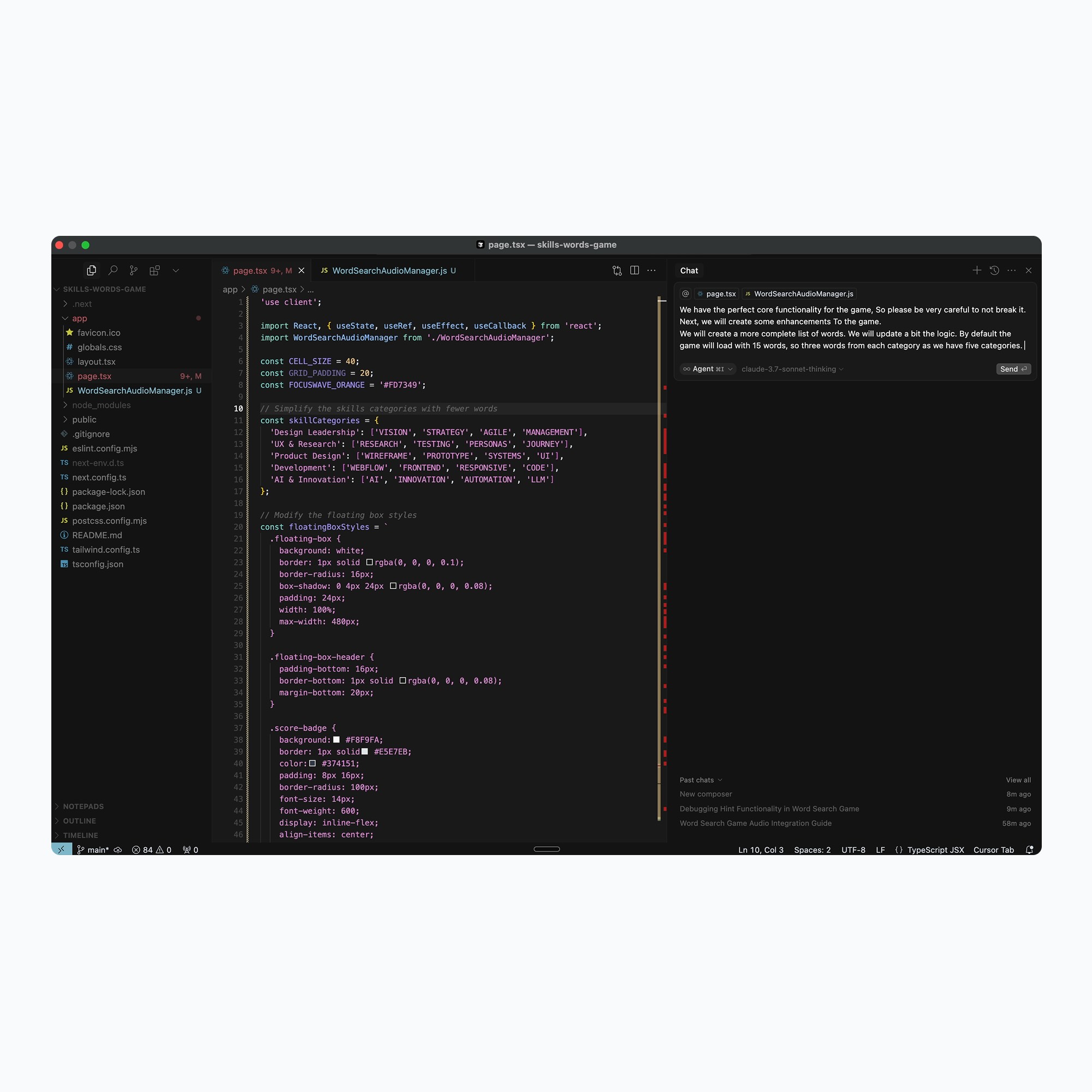 Code editor window showing a React component defining skill categories and styles, alongside a chat panel discussing game functionality enhancements for a word search game.