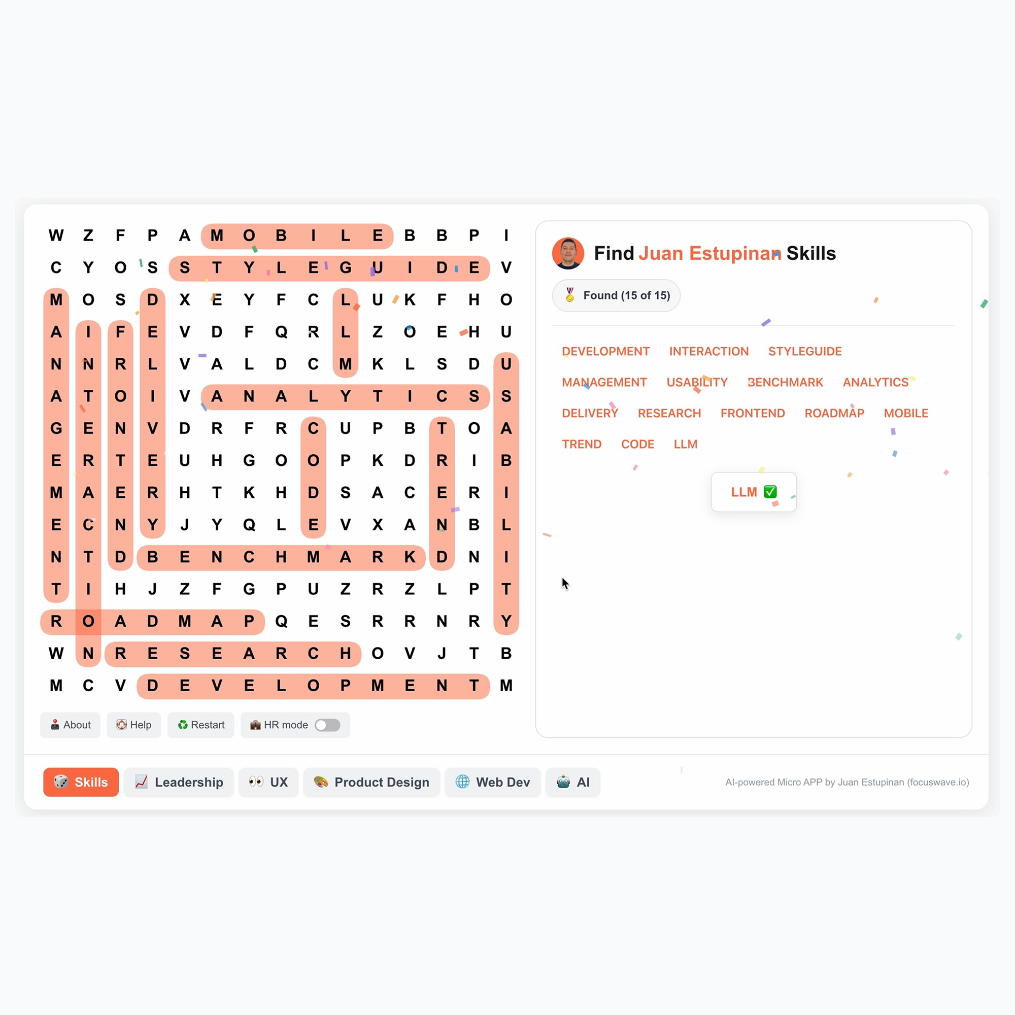 Word search puzzle highlighting various skills such as MOBILE, STYLEGUIDE, ANALYTICS, BENCHMARK, RESEARCH, DEVELOPMENT, and USABILITY alongside a panel showing all 15 skills found for Juan Estupinan.