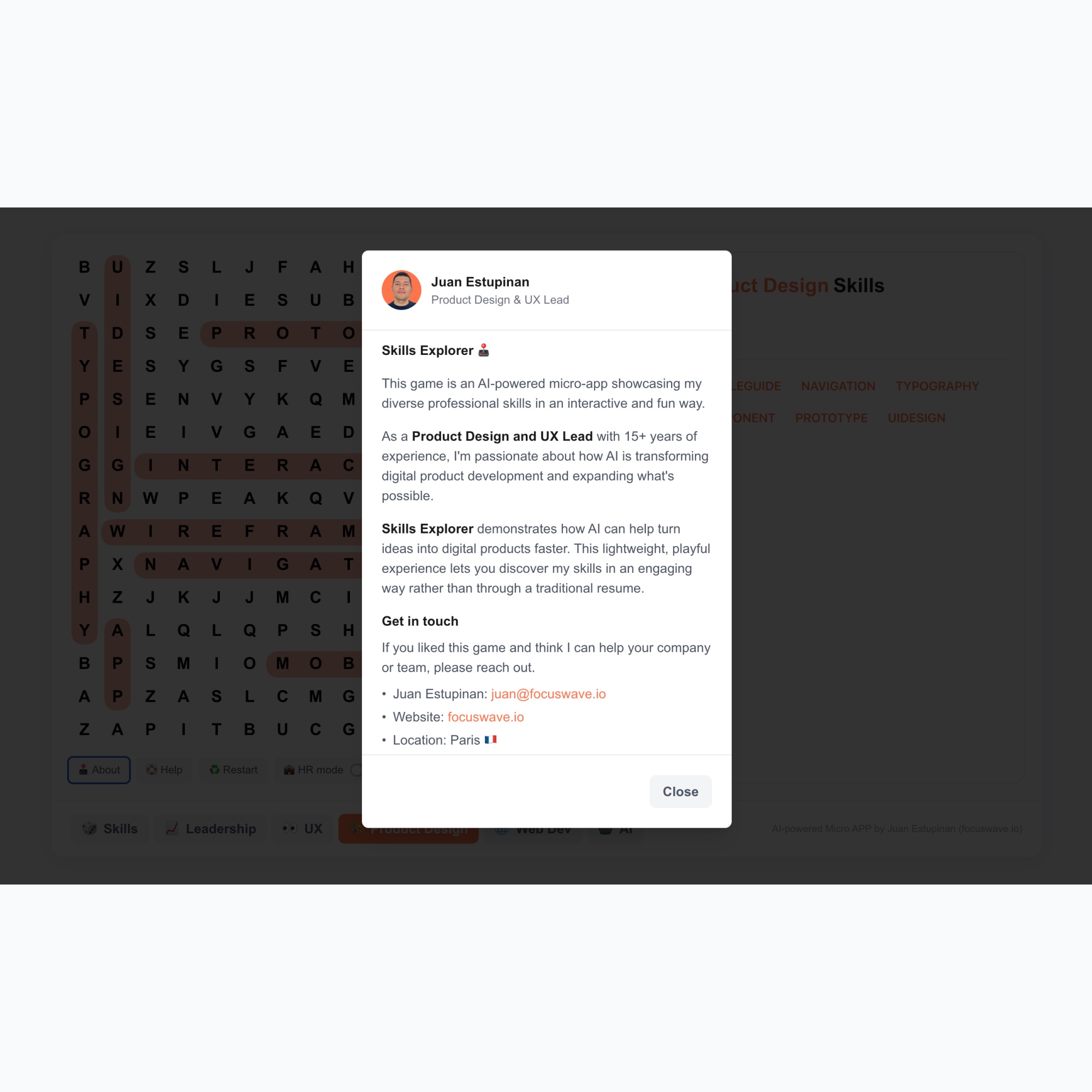 Popup window introducing Skills Explorer by Juan Estupinan, highlighting AI-powered interactive app showcasing product design and UX skills with contact info.