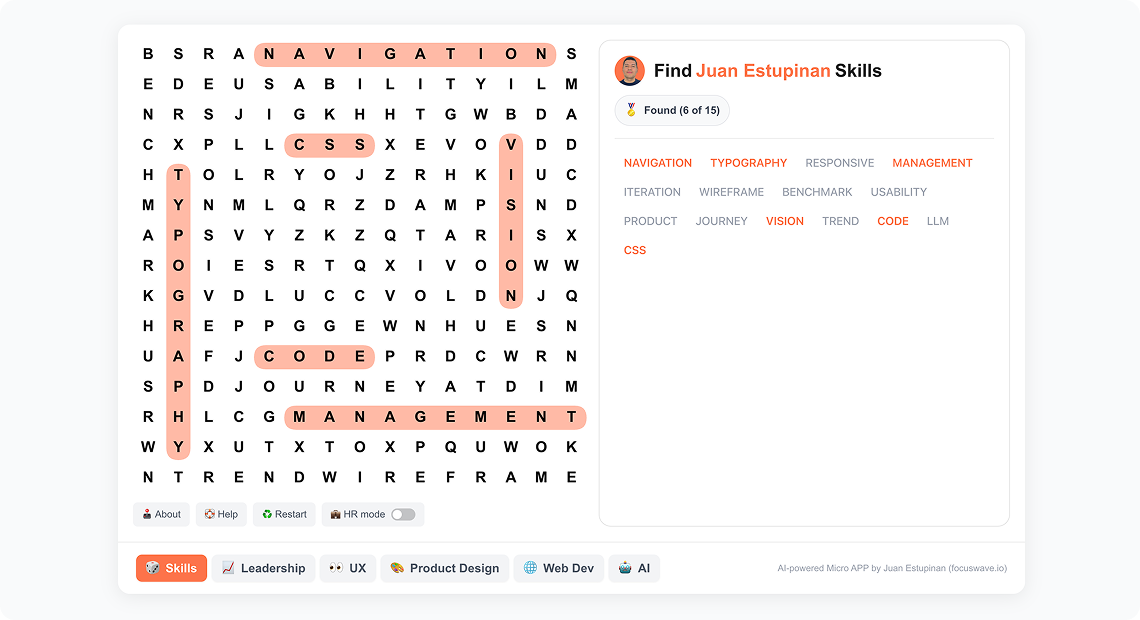Word search puzzle highlighting skills navigation, css, vision, typography, management, code, product, journey, trend, usability.
