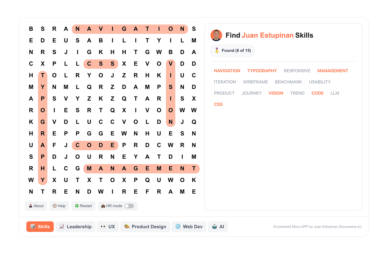 Word search game with highlighted words: navigation, css, typography, vision, management, code, typography, and typography.