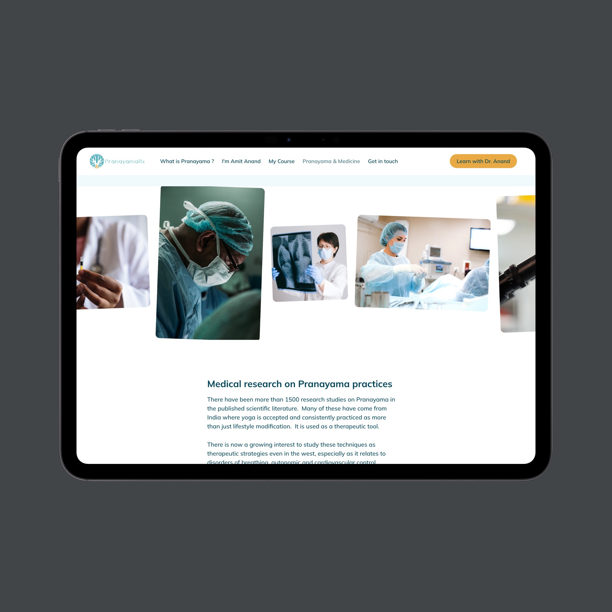 Tablet screen displaying a medical website about Pranayama research with images of healthcare professionals and X-rays.