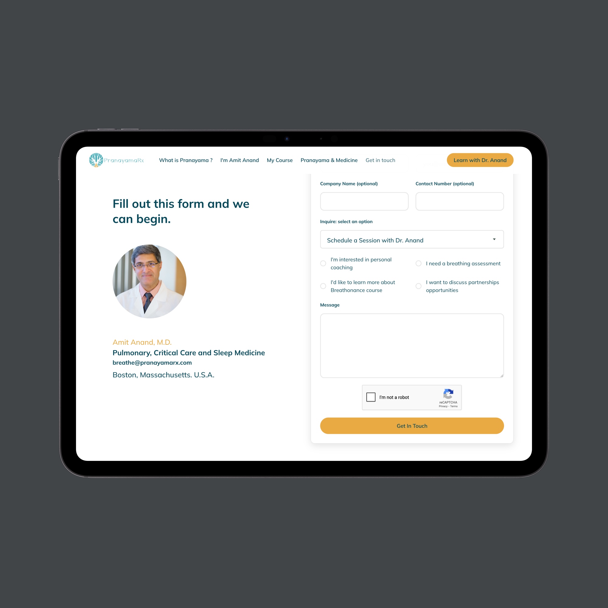 Online contact form for scheduling a session with Dr. Amit Anand, Pulmonary, Critical Care and Sleep Medicine specialist, featuring fields for company name, contact number, inquiry options, message input, and CAPTCHA verification.