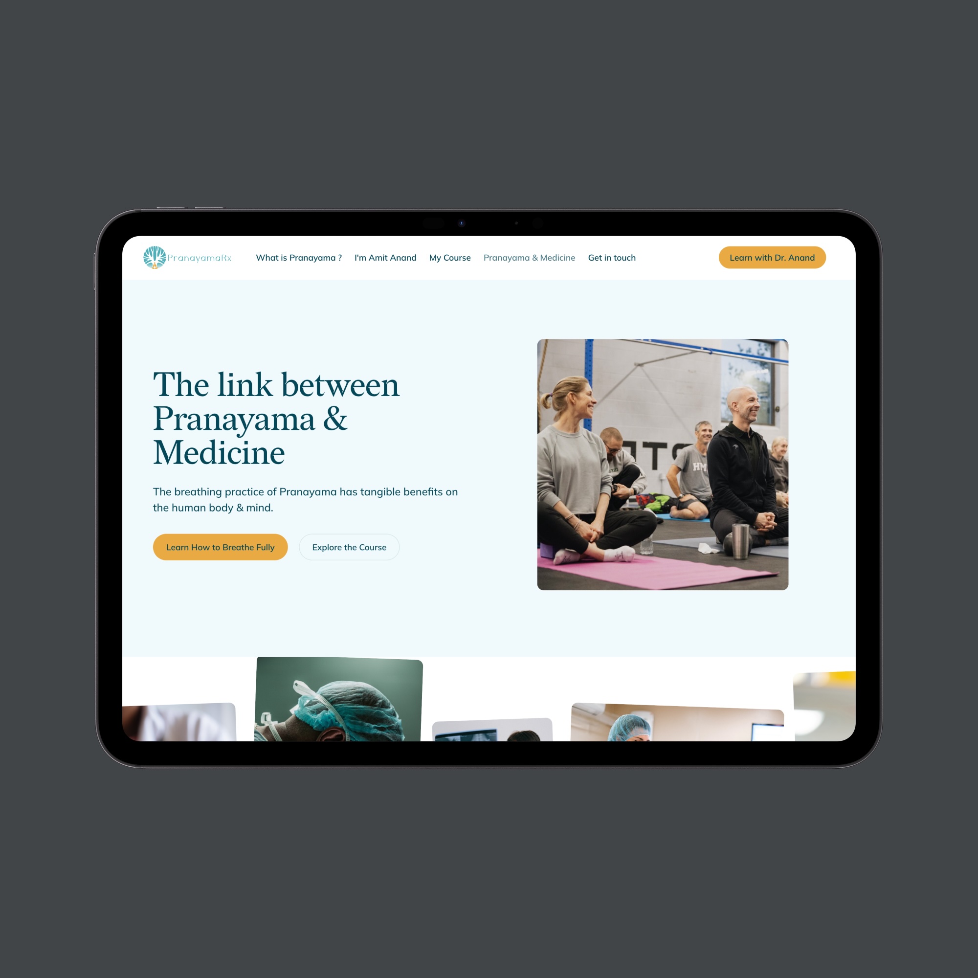 Website homepage displaying 'The link between Pranayama & Medicine' with a group of people smiling and sitting cross-legged on yoga mats.