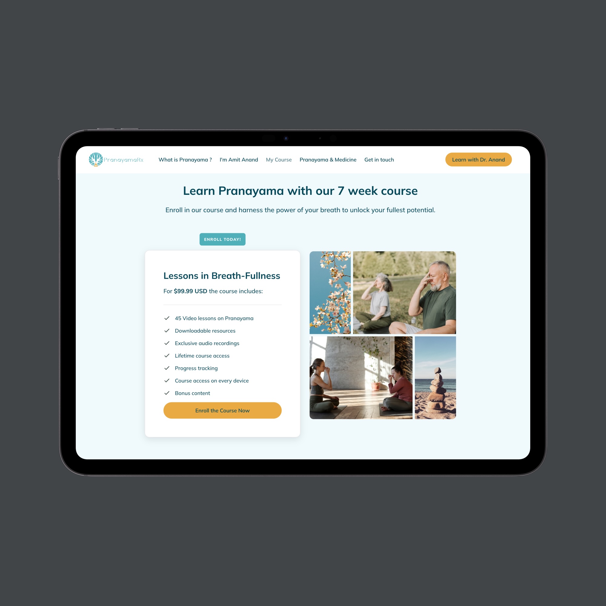 Tablet screen displaying a webpage for a 7-week Pranayama course with enrollment details, benefits listed, and images of people practicing breathing exercises and a balanced stone stack on a beach.