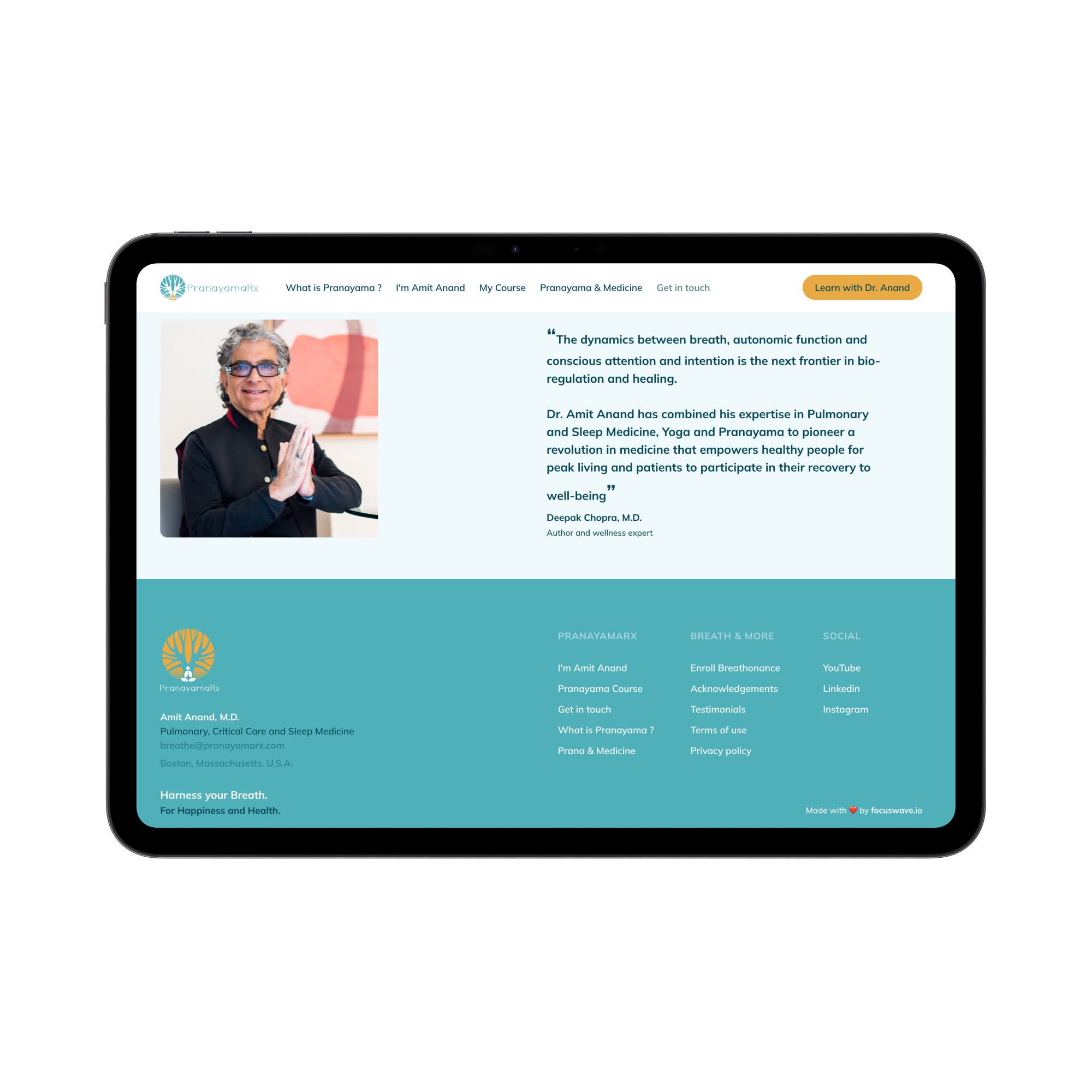 Website homepage showing a man with gray hair and glasses smiling with hands in a prayer gesture, a testimonial quote from Deepak Chopra, and navigation links about pranayama and related courses.