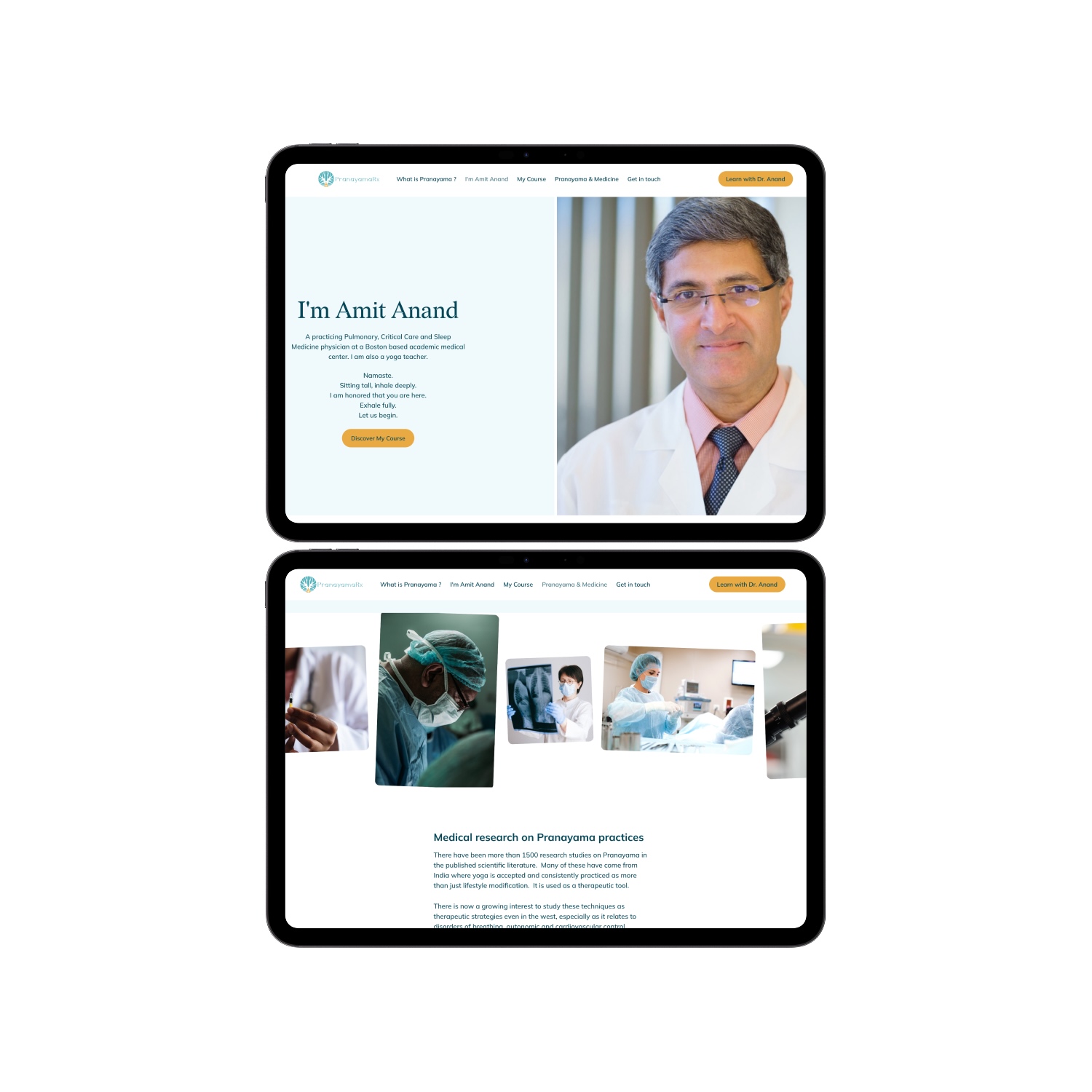 Tablet screens showing a medical professional introduction and medical research on Pranayama with images of healthcare workers in protective gear.
