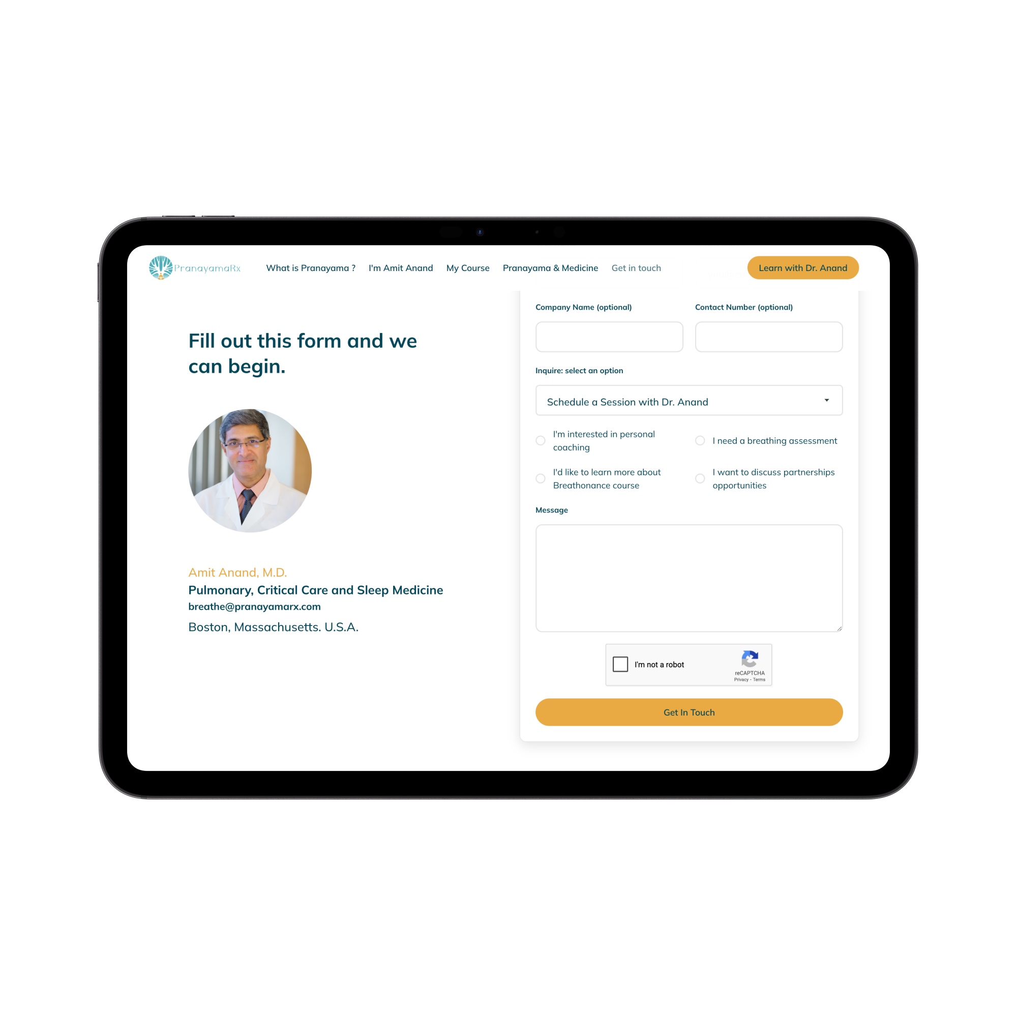 Tablet screen showing a contact form for Dr. Amit Anand, pulmonary and sleep medicine specialist, with options to select inquiry type and a message box.