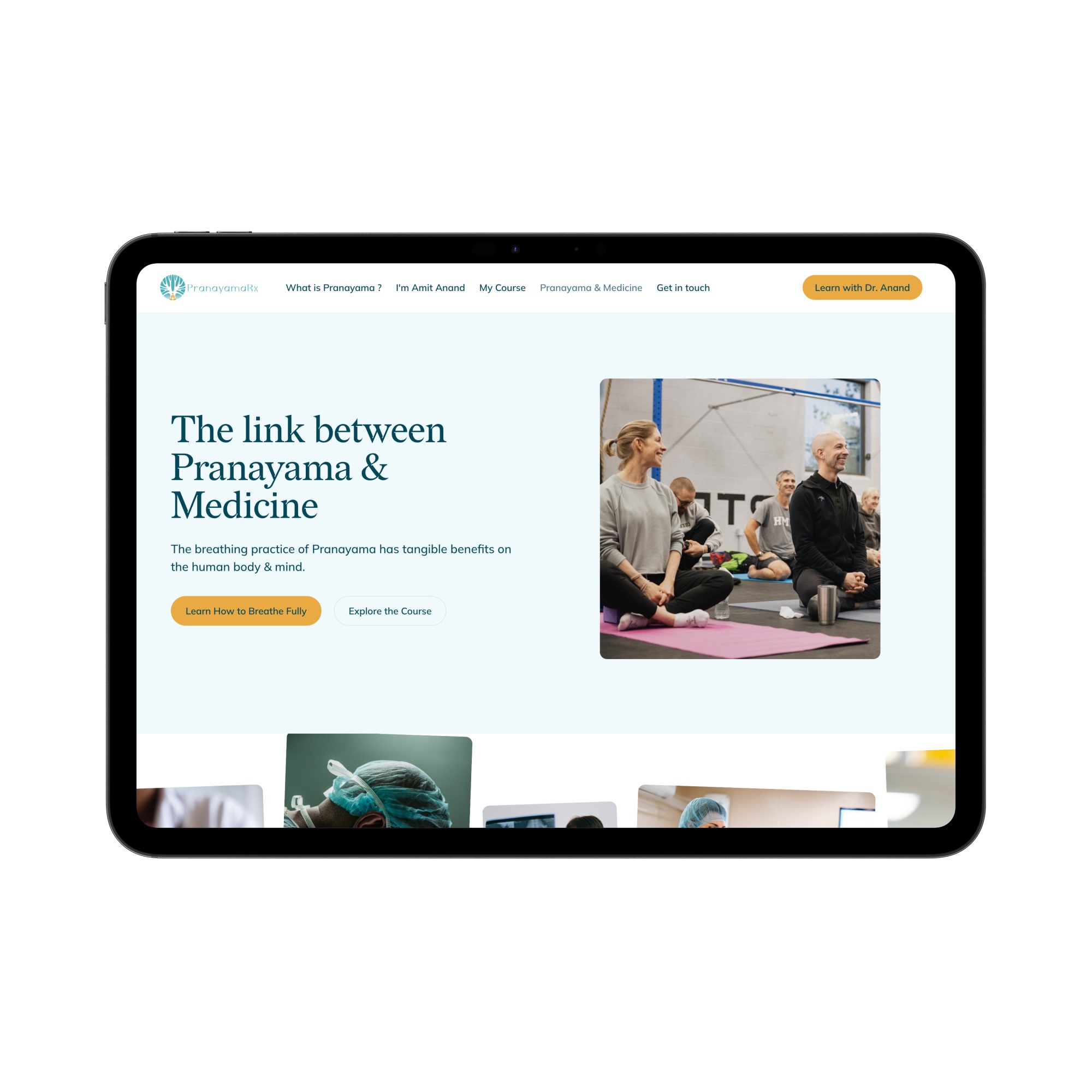 Tablet screen showing a website about the benefits of Pranayama breathing practice with people sitting on mats in a meditation or yoga class.