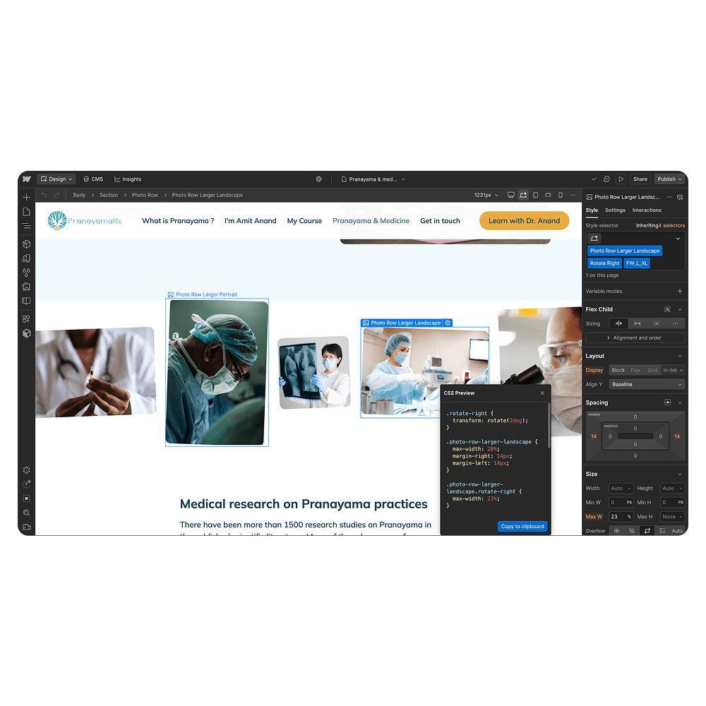 Web design interface showing a medical website layout with images of healthcare professionals and X-ray scans.