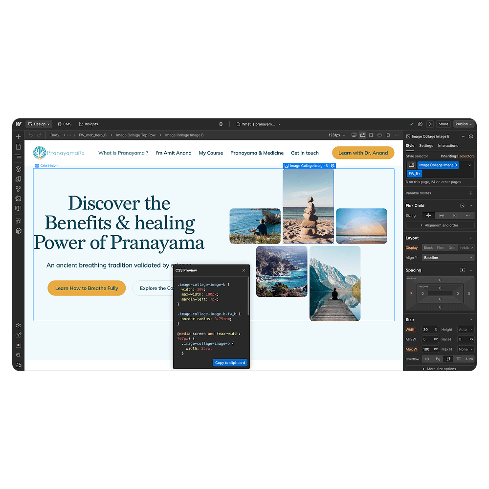 Website design interface showing PranayamaRx homepage with a heading about benefits of Pranayama, navigation links, and a collage of nature and meditation images.