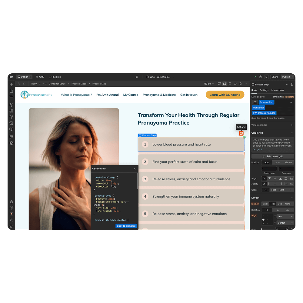 Web design interface showing a PranayamaRx page with a photo of a woman meditating and a list of five pranayama health benefits with CSS code preview and style settings panel.