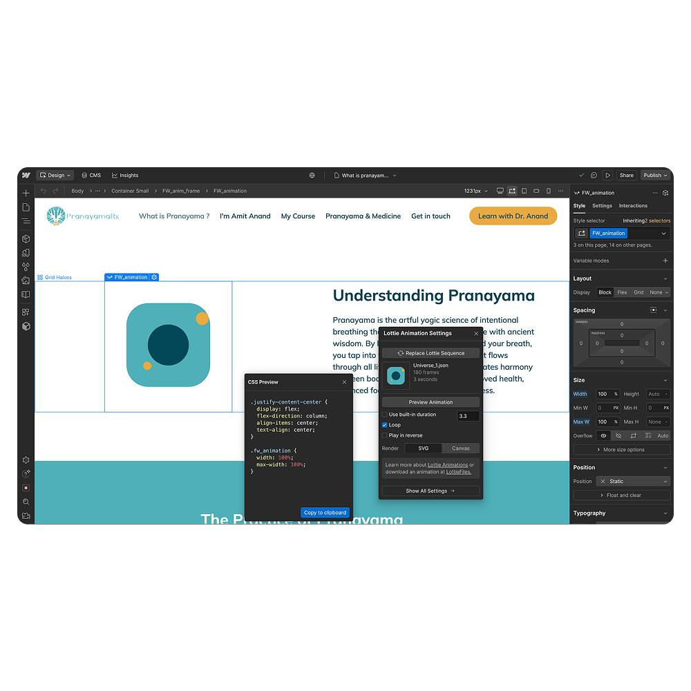 Web design interface showing a webpage about PranayamaRx with Lottie Animation Settings and CSS Preview panels open.