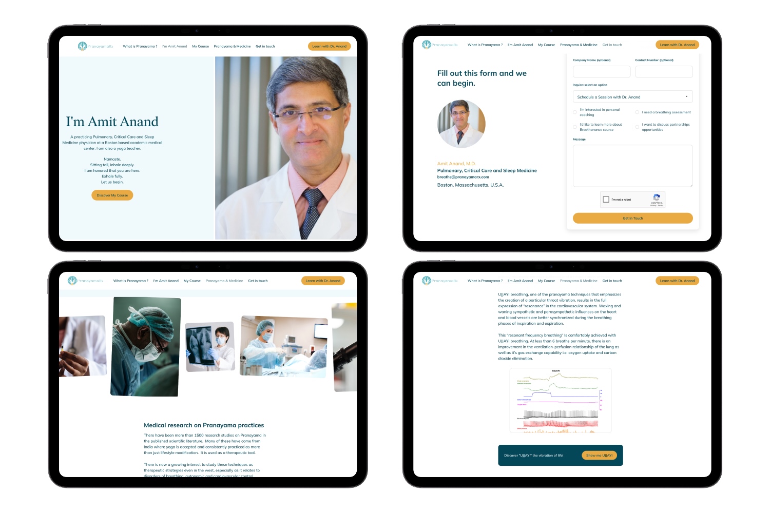 Four digital tablet screens displaying a website for Dr. Amit Anand, showcasing his profile, a contact form, medical research on Pranayama, and information about UJJAYI breathing technique with scientific graphs.