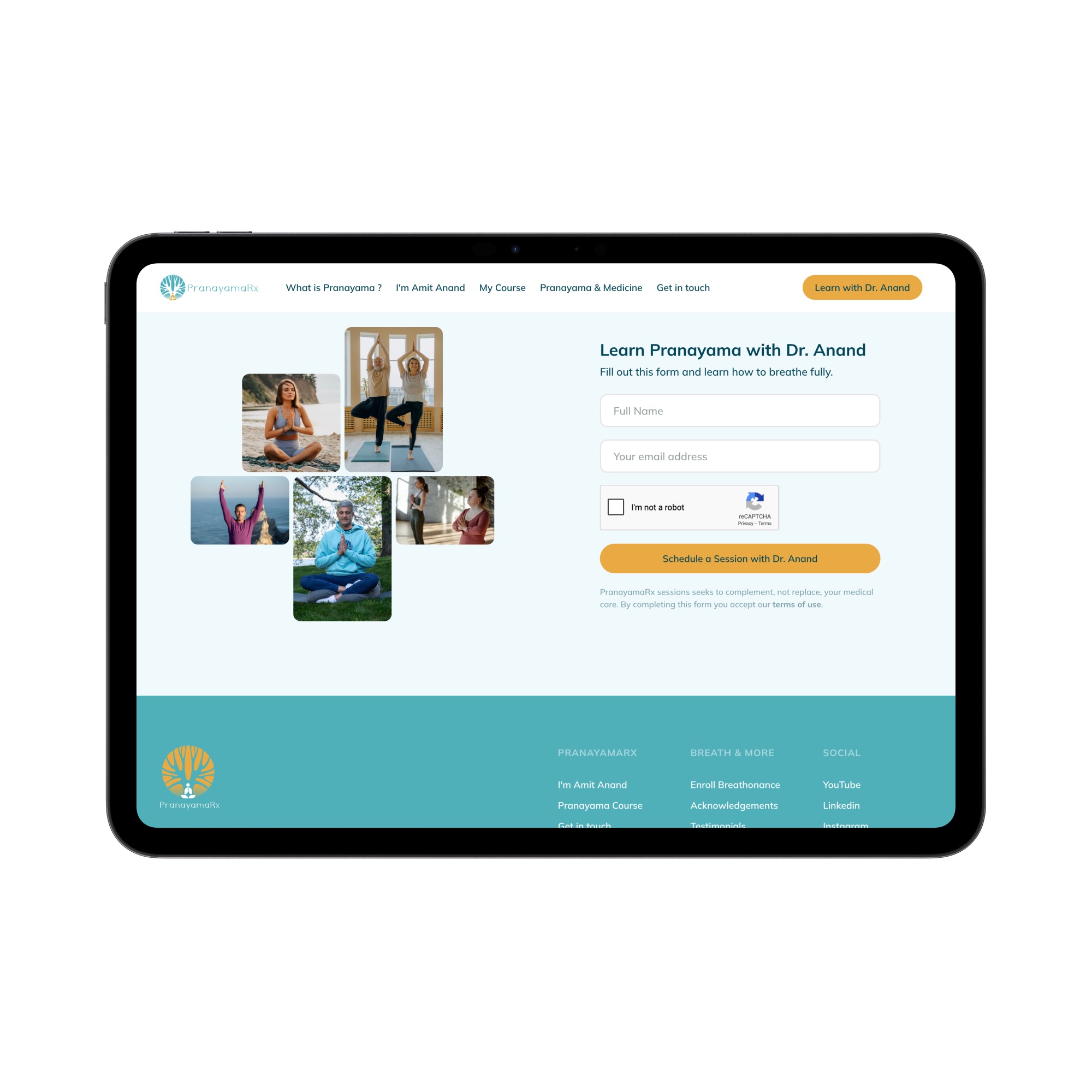 Tablet screen showing a PranayamaRx signup page with yoga practice photos and a form to schedule a session with Dr. Anand.