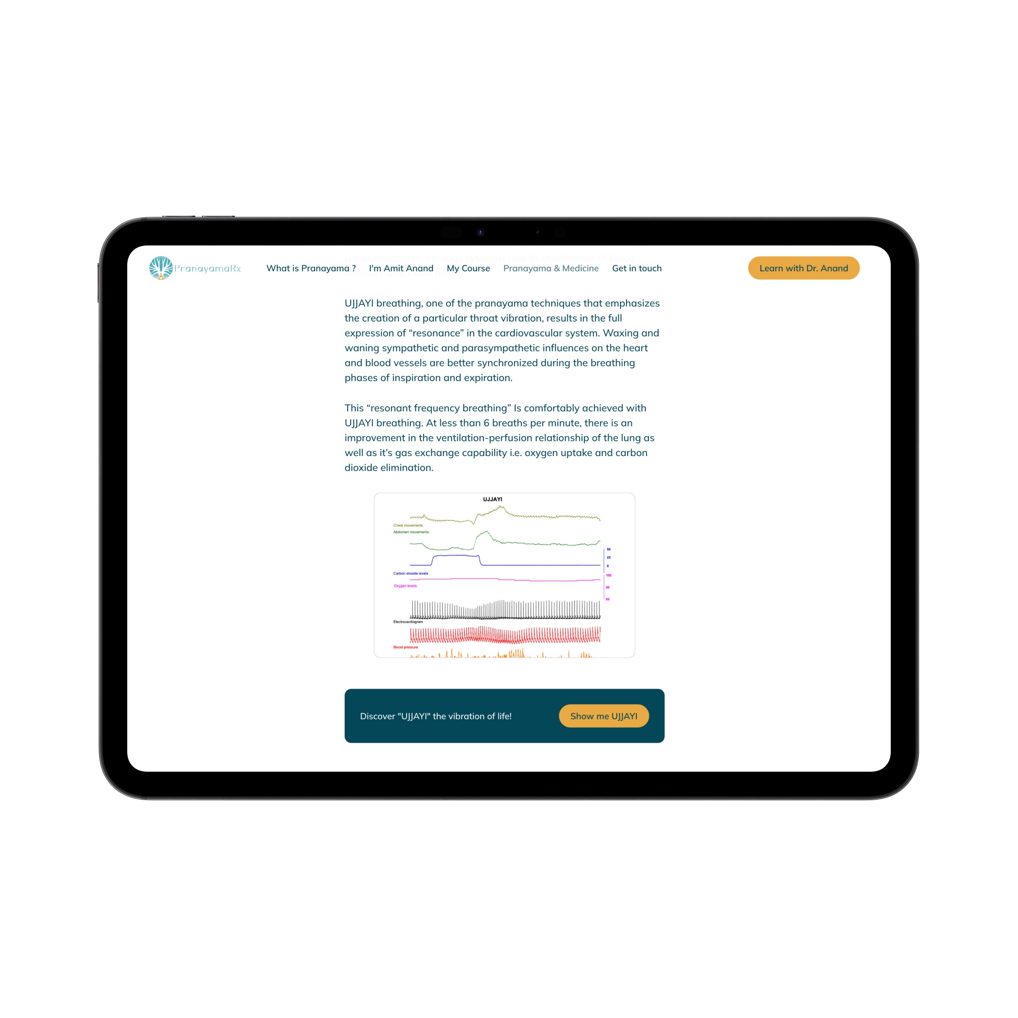 Tablet screen showing a webpage about UJJAYI breathing with text, colored line charts, and a button labeled 'Show me UJJAYI'.