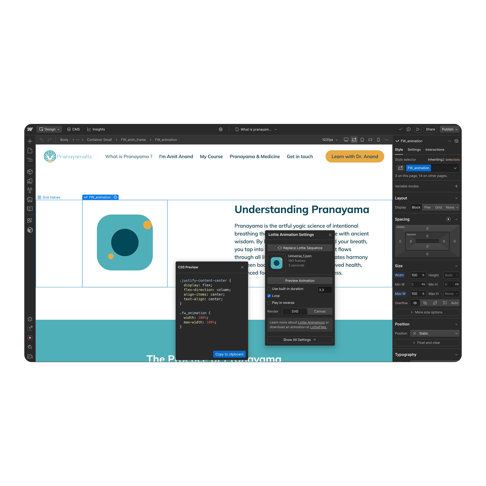 Web design interface showing layout for a Pranayama website with CSS preview and Lottie animation settings panels open.