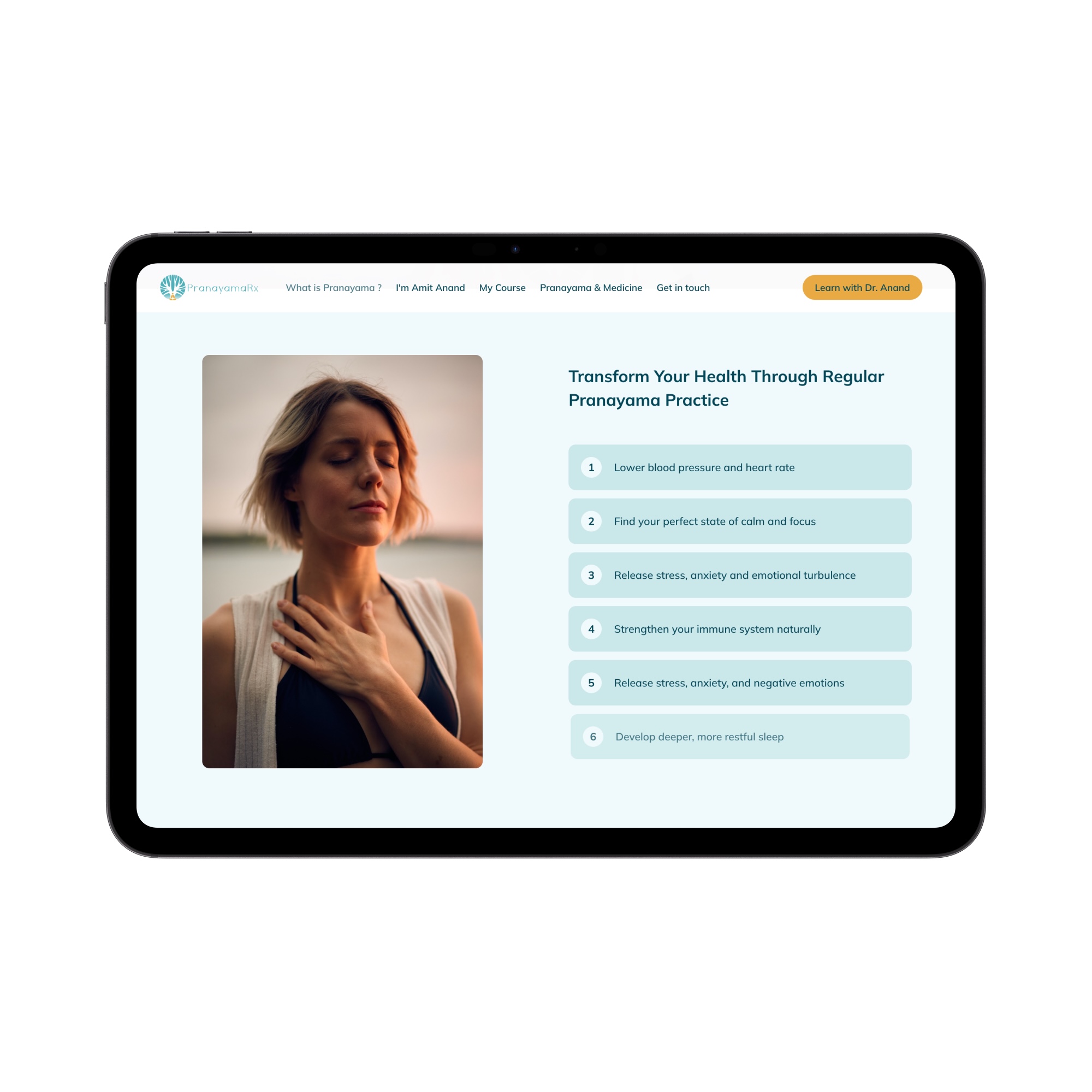 Tablet screen showing a woman with closed eyes and hand on chest next to text listing benefits of regular pranayama practice.