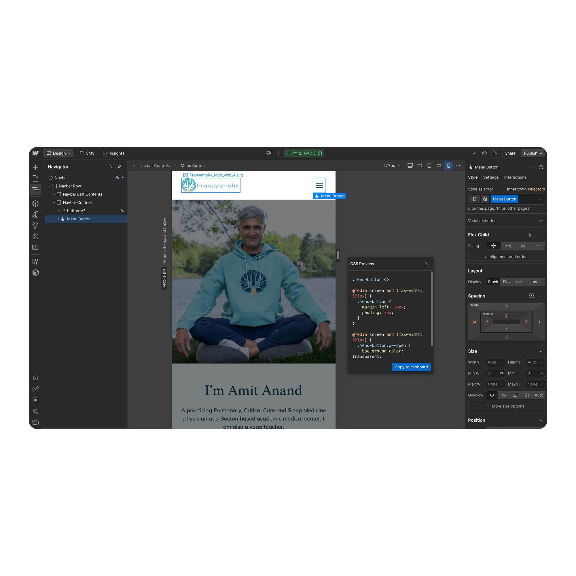 Web design editor interface showing a profile page with a man in a blue hoodie sitting cross-legged outdoors next to a lake.