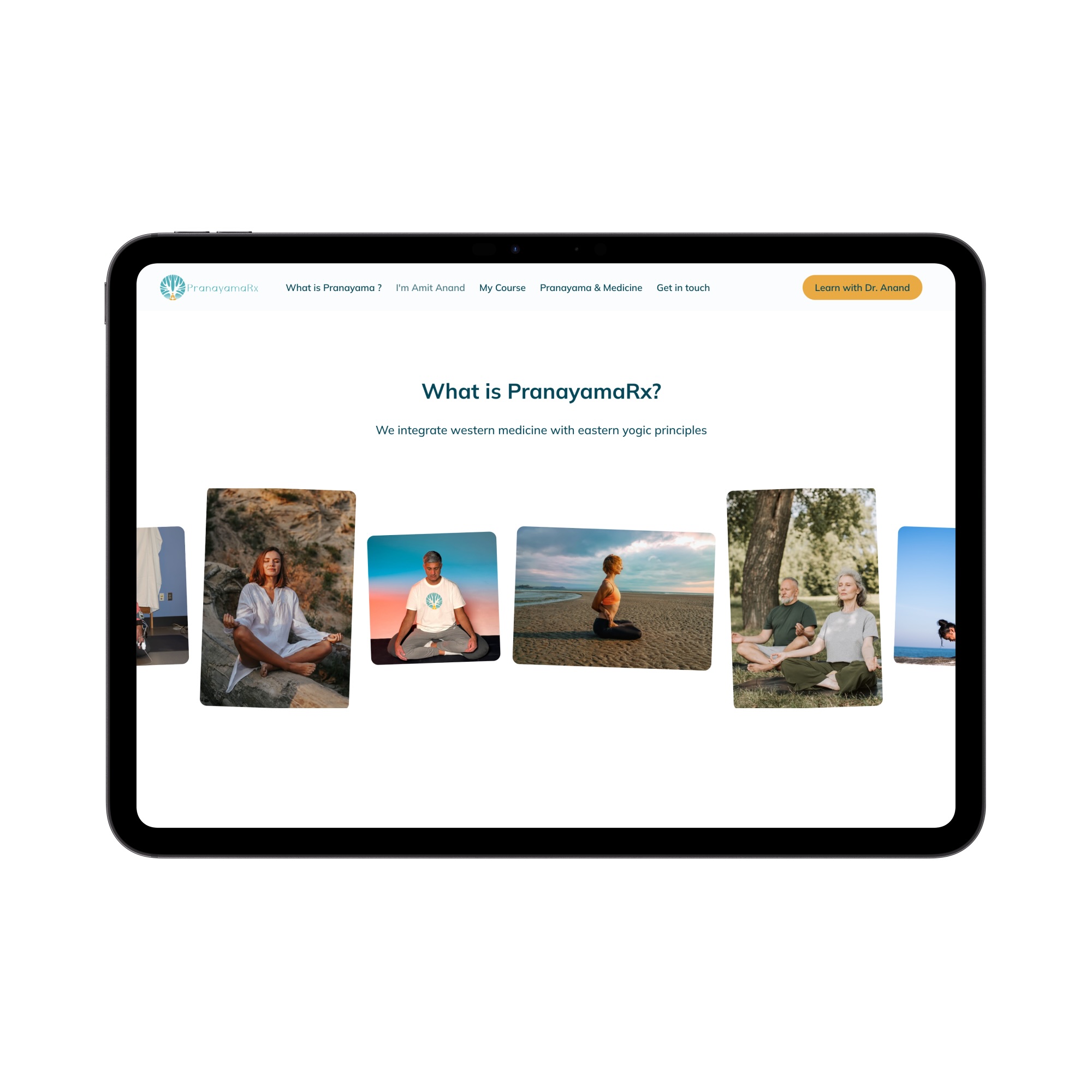 Tablet screen showing PranayamaRx website homepage with images of people meditating in various outdoor settings.