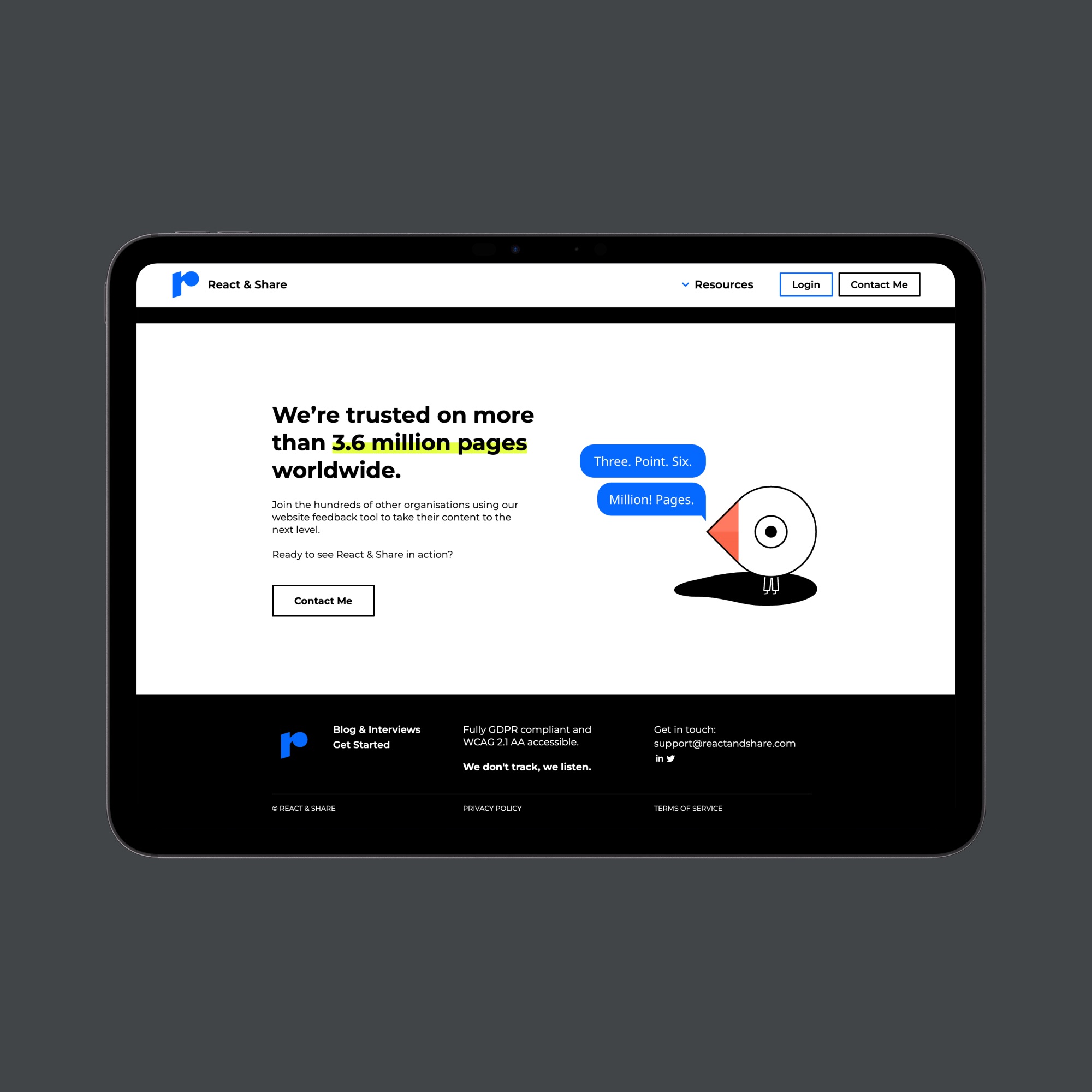 Tablet screen showing React & Share website with headline about 3.6 million pages trusted worldwide, a contact button, and a cartoon bird saying 'Three. Point. Six. Million! Pages.'