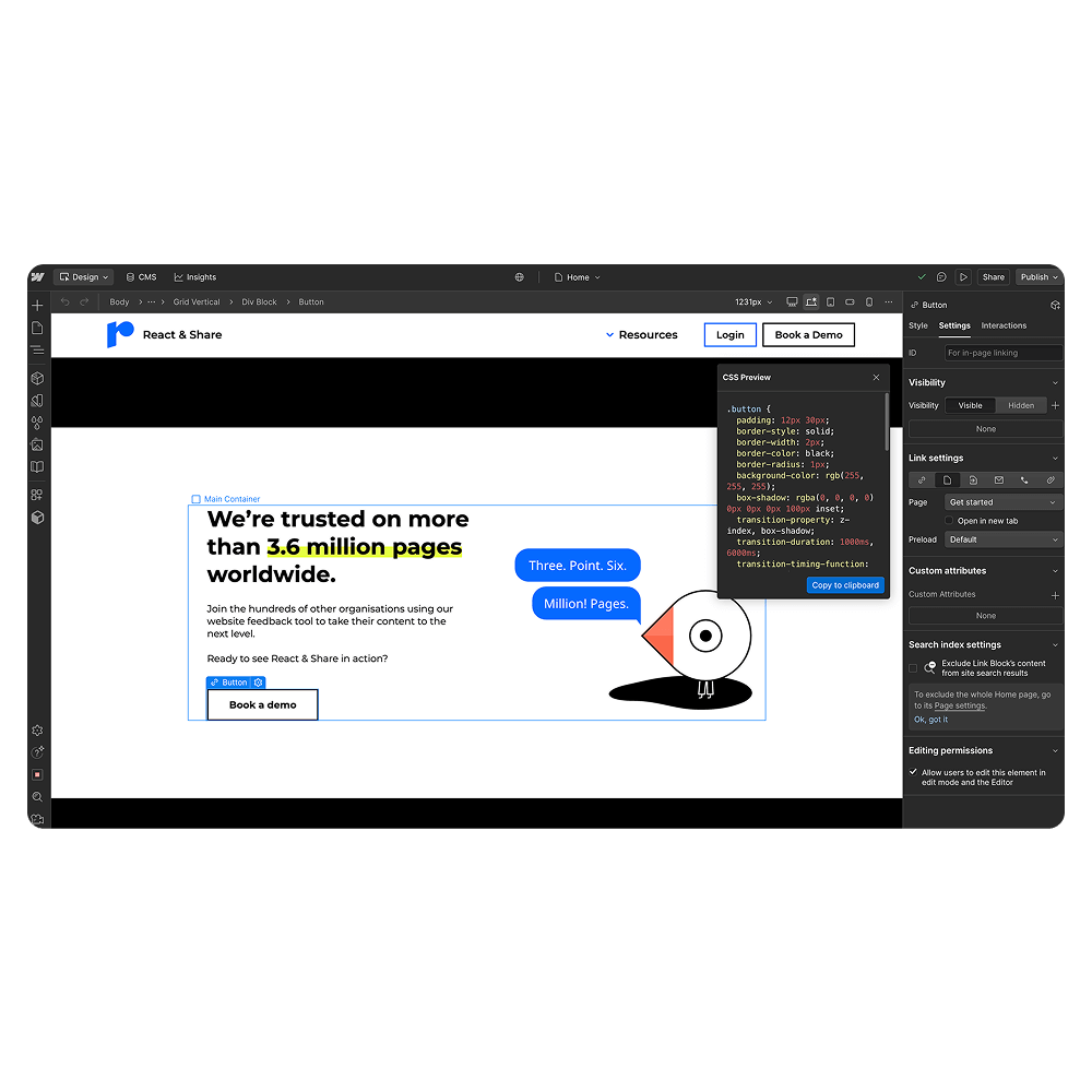 Web design interface showing a React & Share webpage with text on trusted 3.6 million pages worldwide, a call-to-action button, CSS code preview, and a cartoon bird saying 'Three. Point. Six.' and 'Million! Pages.'
