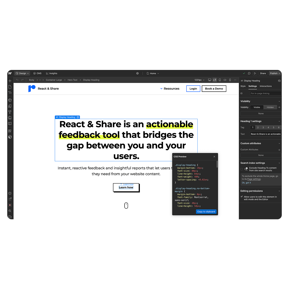 Web design interface showing a React & Share heading with highlighted words 'actionable feedback tool' and a CSS preview panel.