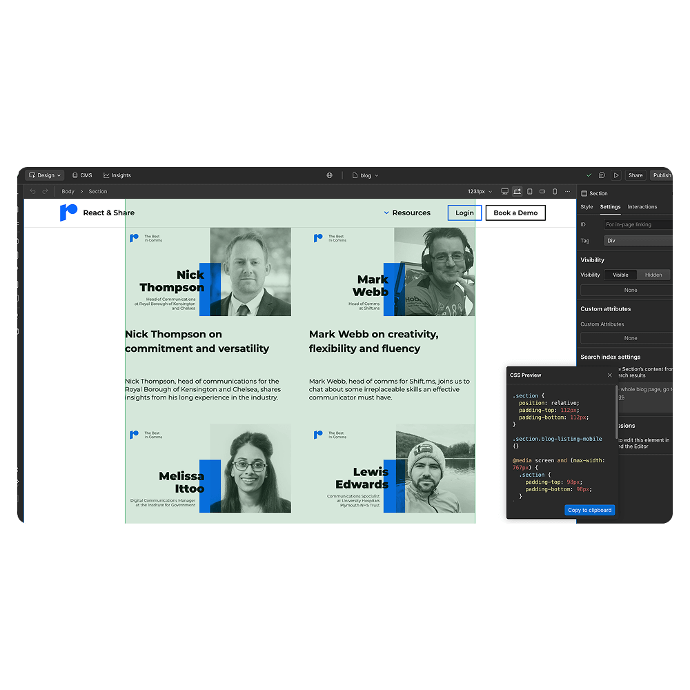 Webpage showing profiles of four communications professionals with their photos and brief descriptions, alongside an editor panel with CSS code preview.