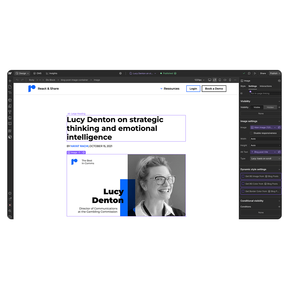 Webpage showing a blog post titled 'Lucy Denton on strategic thinking and emotional intelligence' with a grayscale photo of Lucy Denton smiling and text identifying her as Director of Communications at the Gambling Commission.