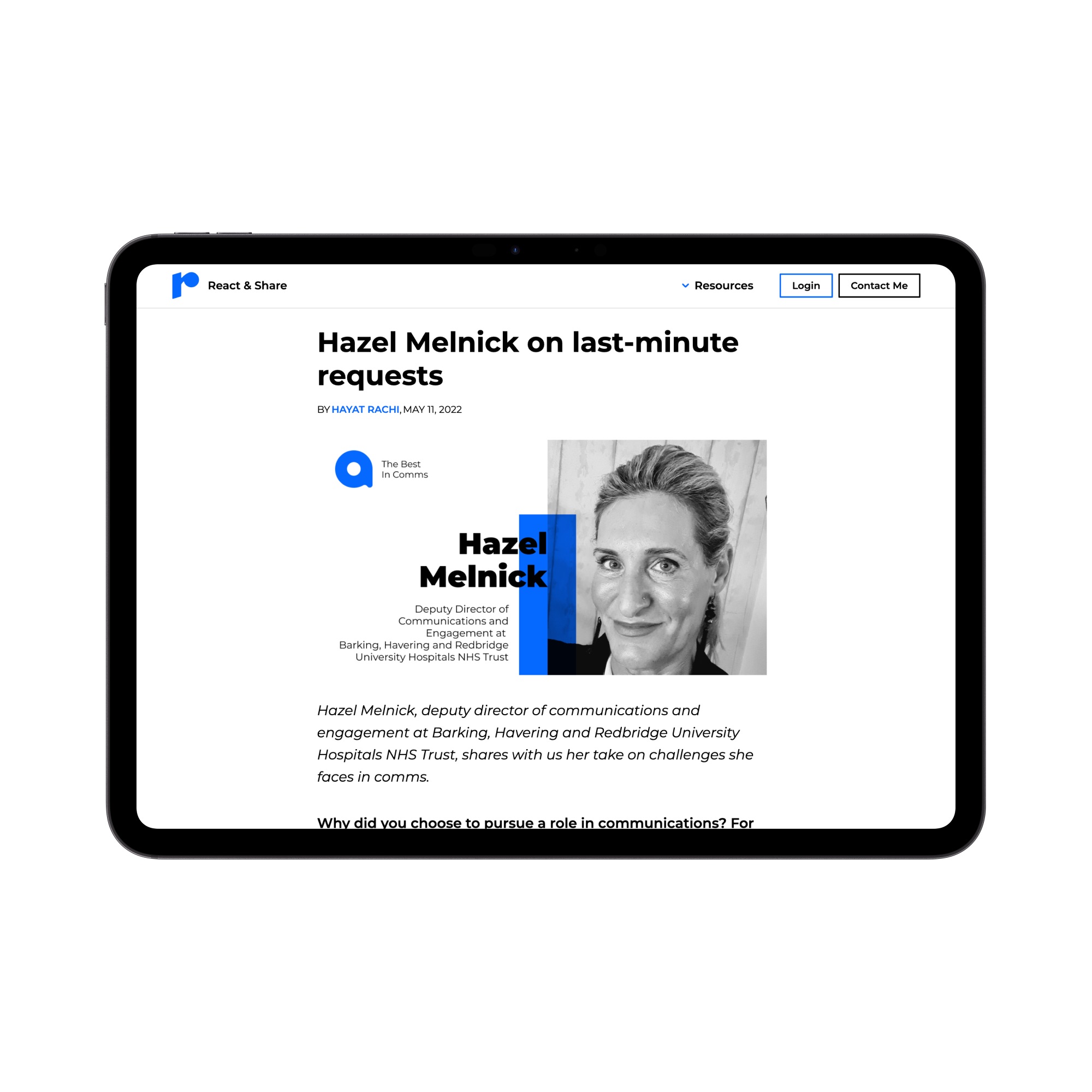 Tablet screen showing an article titled 'Hazel Melnick on last-minute requests' with a black and white portrait of Hazel Melnick and her job title at Barking, Havering and Redbridge University Hospitals NHS Trust.