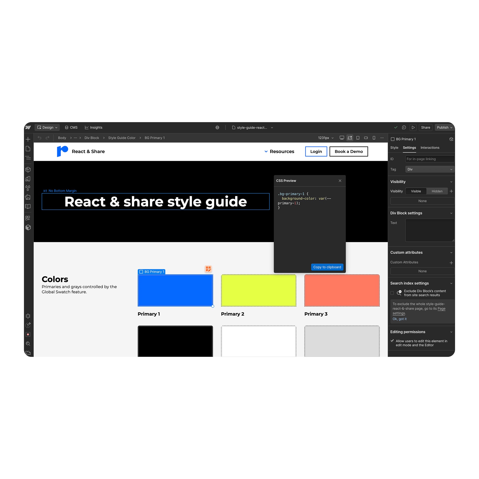 Screenshot of a web design editor showing the React & Share style guide with color blocks labeled Primary 1, 2, and 3, and a CSS preview popup.